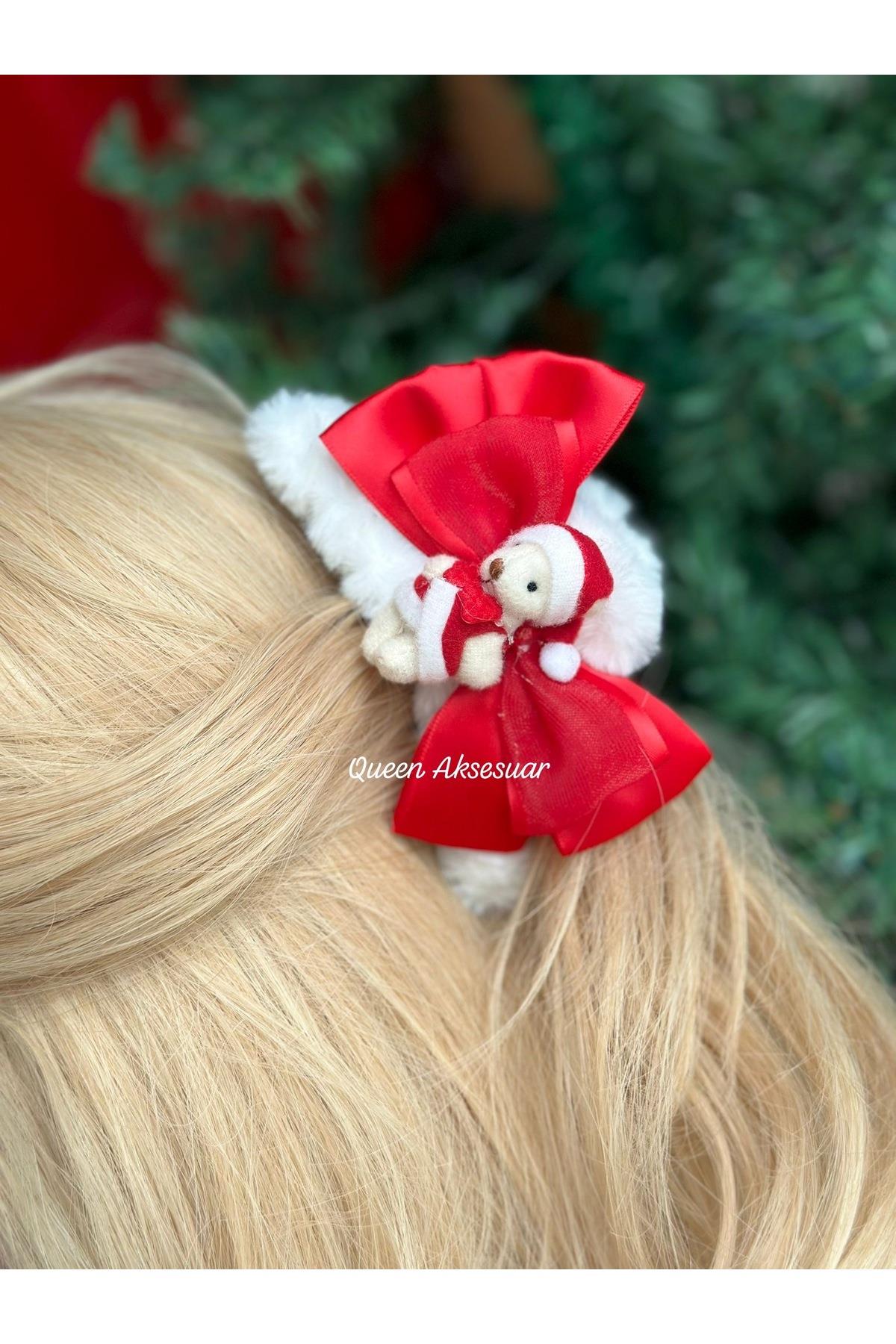 lüks özel tasarım sevimli peluş noel ayıcık beyaz peluş kırmızı mandal klipsli toka kadın çocuk
