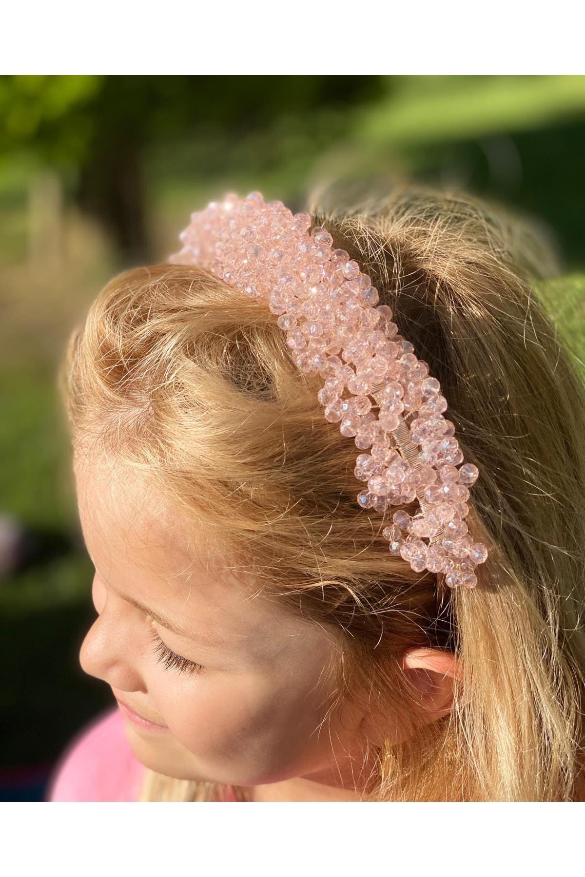 Lüks Pembe Kristal Şeffaf Taşlı Kadın Gelin Başı Nişan Kına Nikah Tacı Metal Prenses Taç