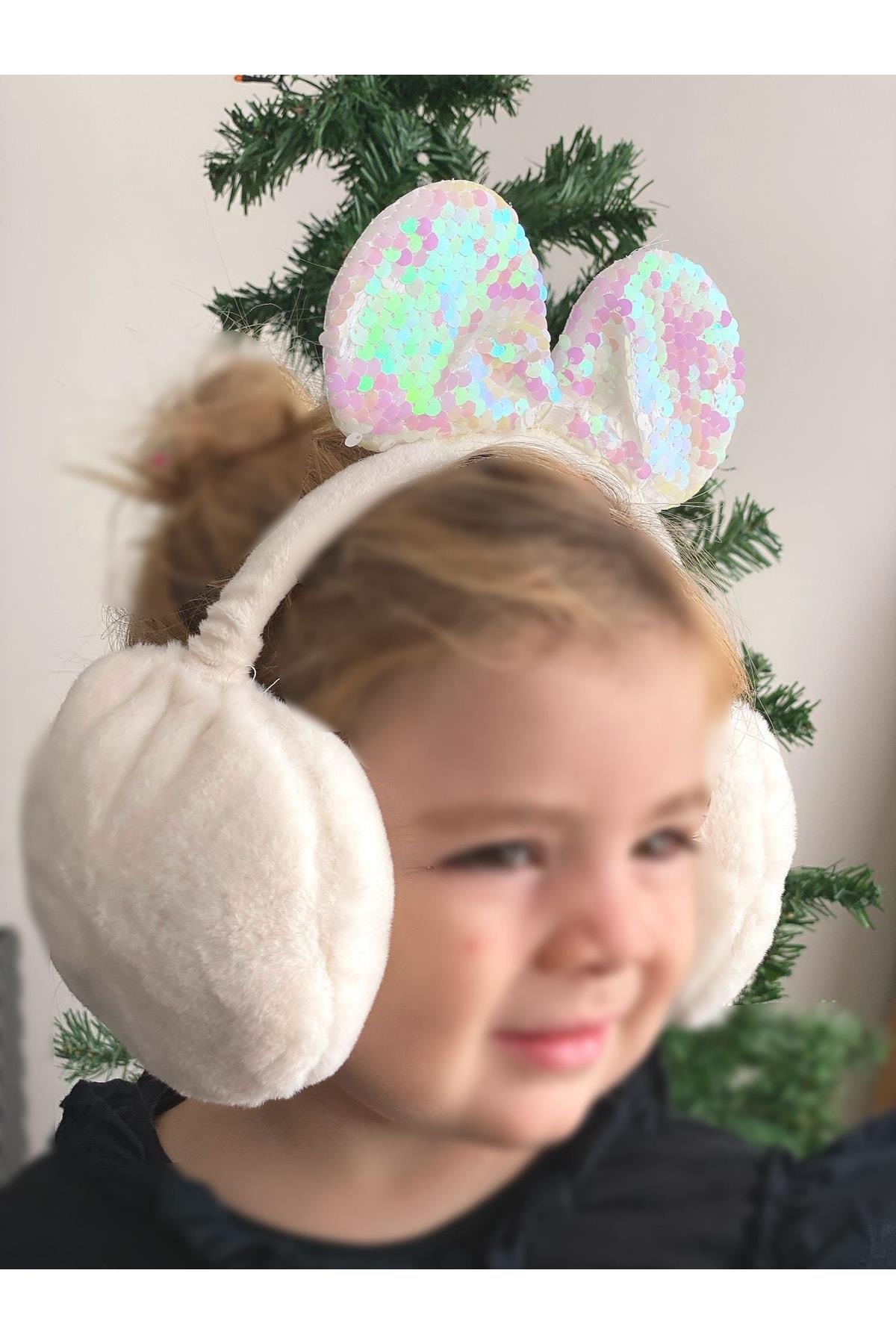Lüks Pullu Parlak Minnie Mouse Fare Kulaklı Peluş Çocuk Yetişkin Kulaklığı Beyaz