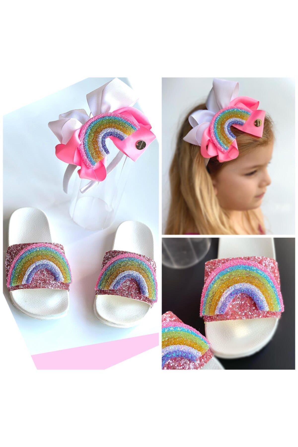 Lüks Renkli Rainbow Gökkuşağı Simli Pullu Kız Çocuk Taç Terlik Seti