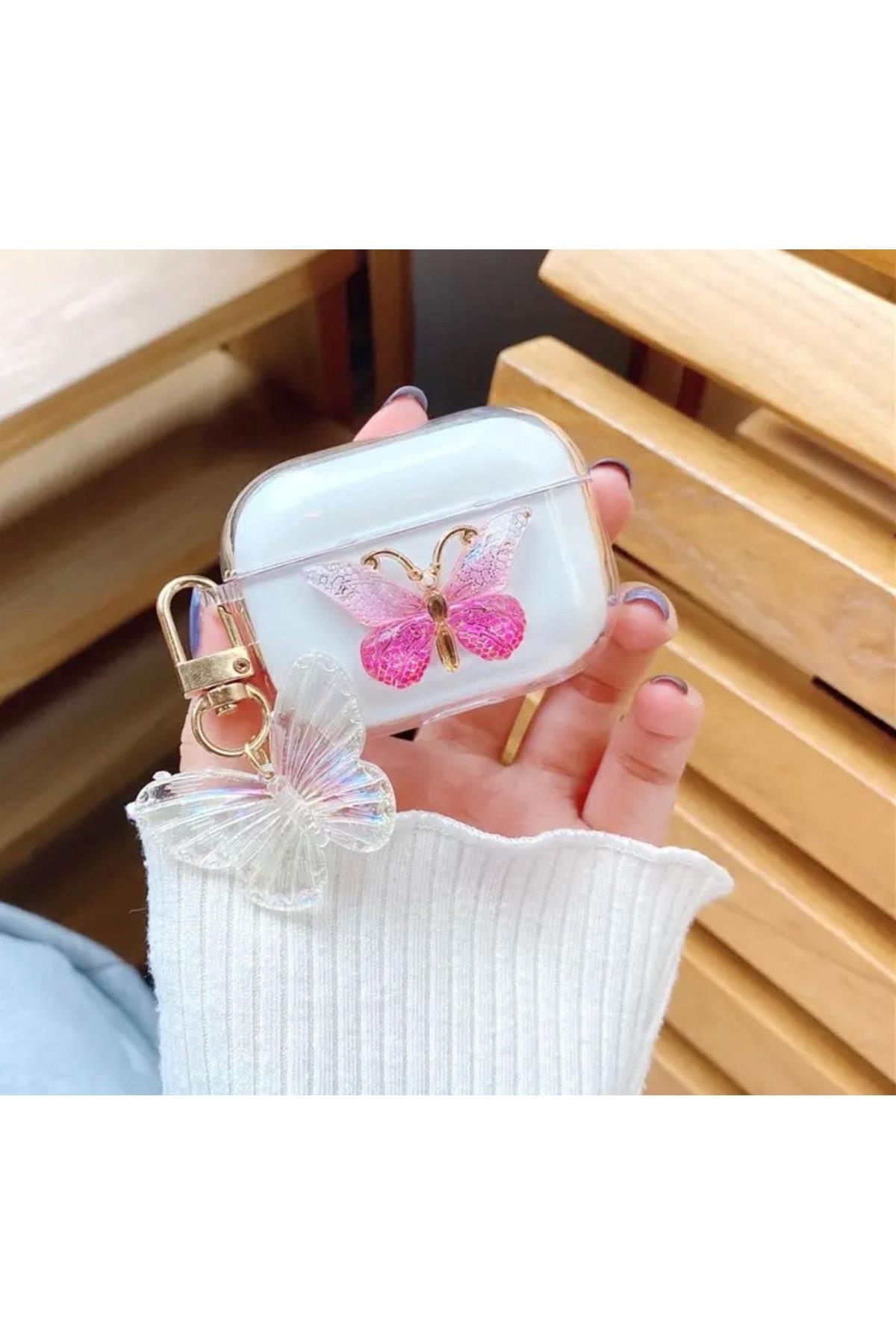 Lüks Şeffaf Uyumlu Pembe Kelebek Askılı Broşlu Airpods Kablosuz Kulaklık Kılıfı Kapak Air Pods Pro