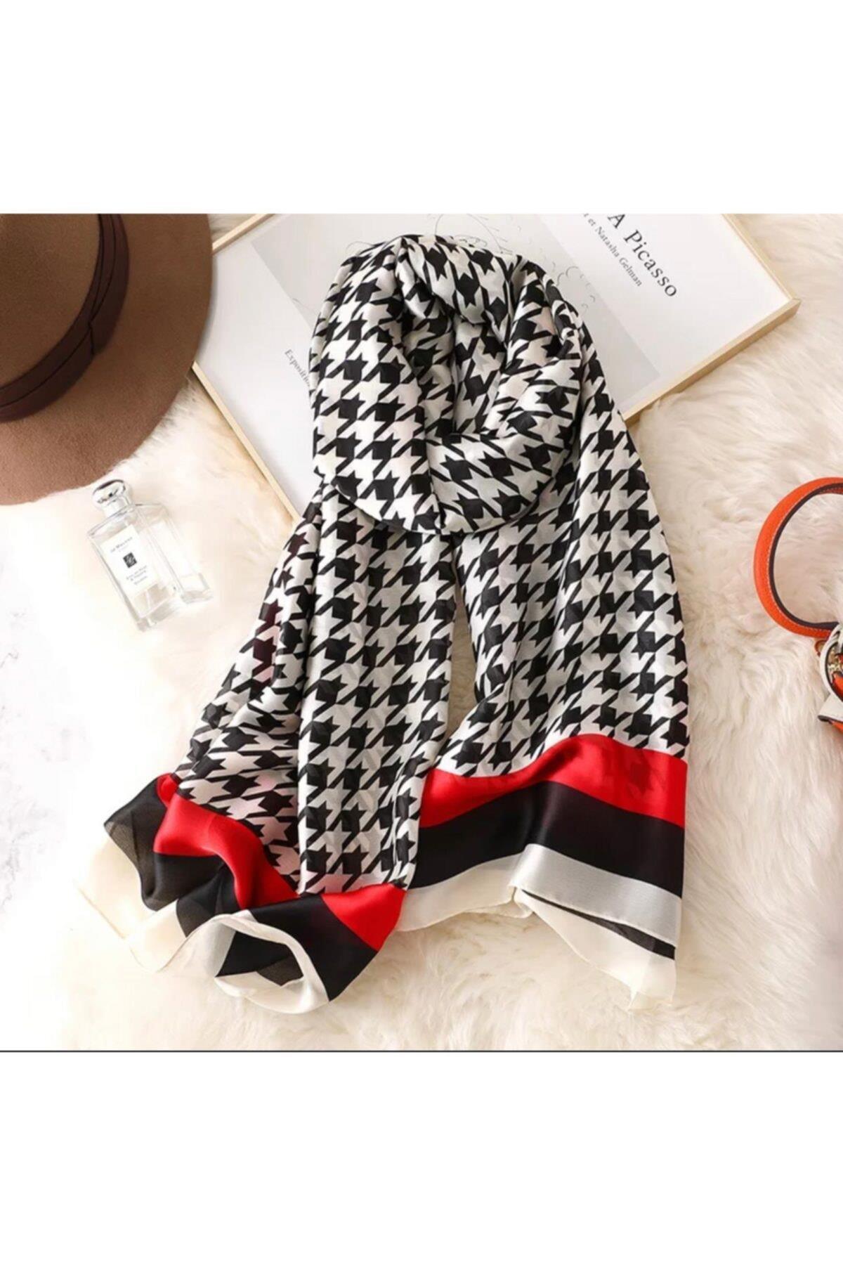 Lüks Trend Moda Kazayağı Siyah Beyaz Kırmızı Ipek Eşarp Şal Başörtü 90x180