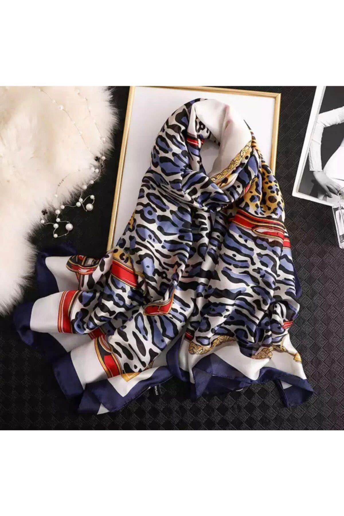 Lüks Trend Moda Lacivert Leopar Zincir Desenli Ipek Eşarp Şal Başörtü