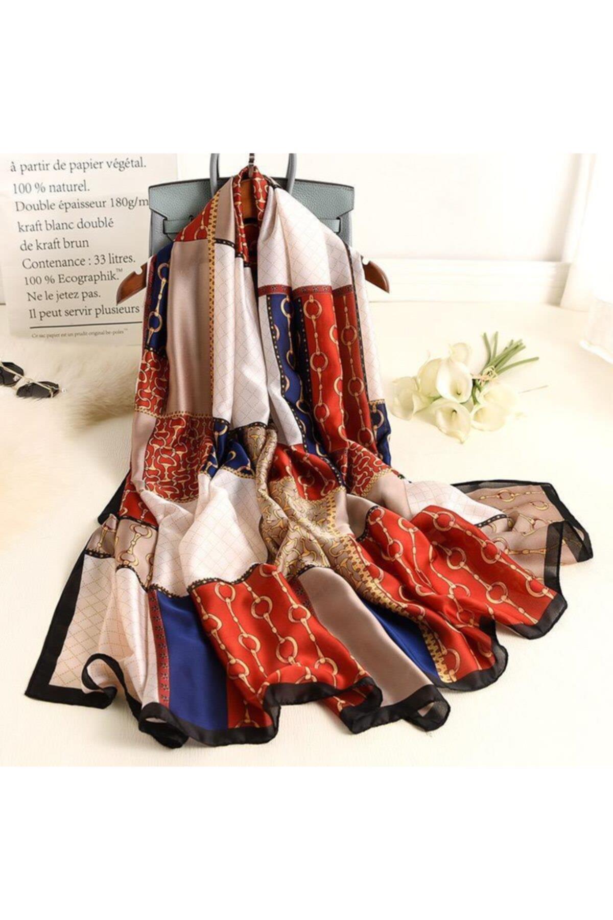Lüks Trend Moda Patchwork Desen Marka Zincir Ipek Eşarp Şal Başörtü
