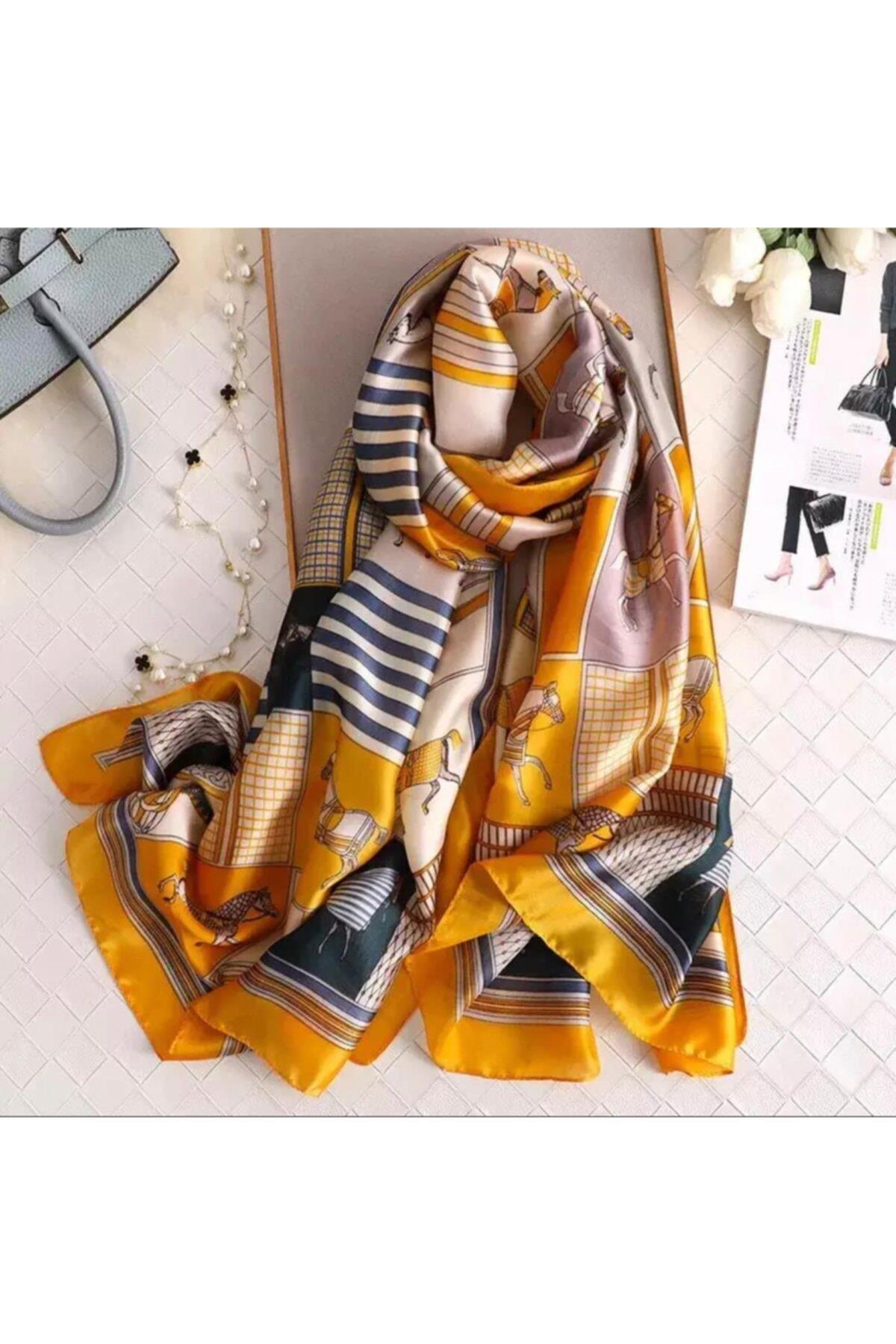 Lüks Trend Moda Sarı At Zincir Ipek Eşarp Şal Başörtü