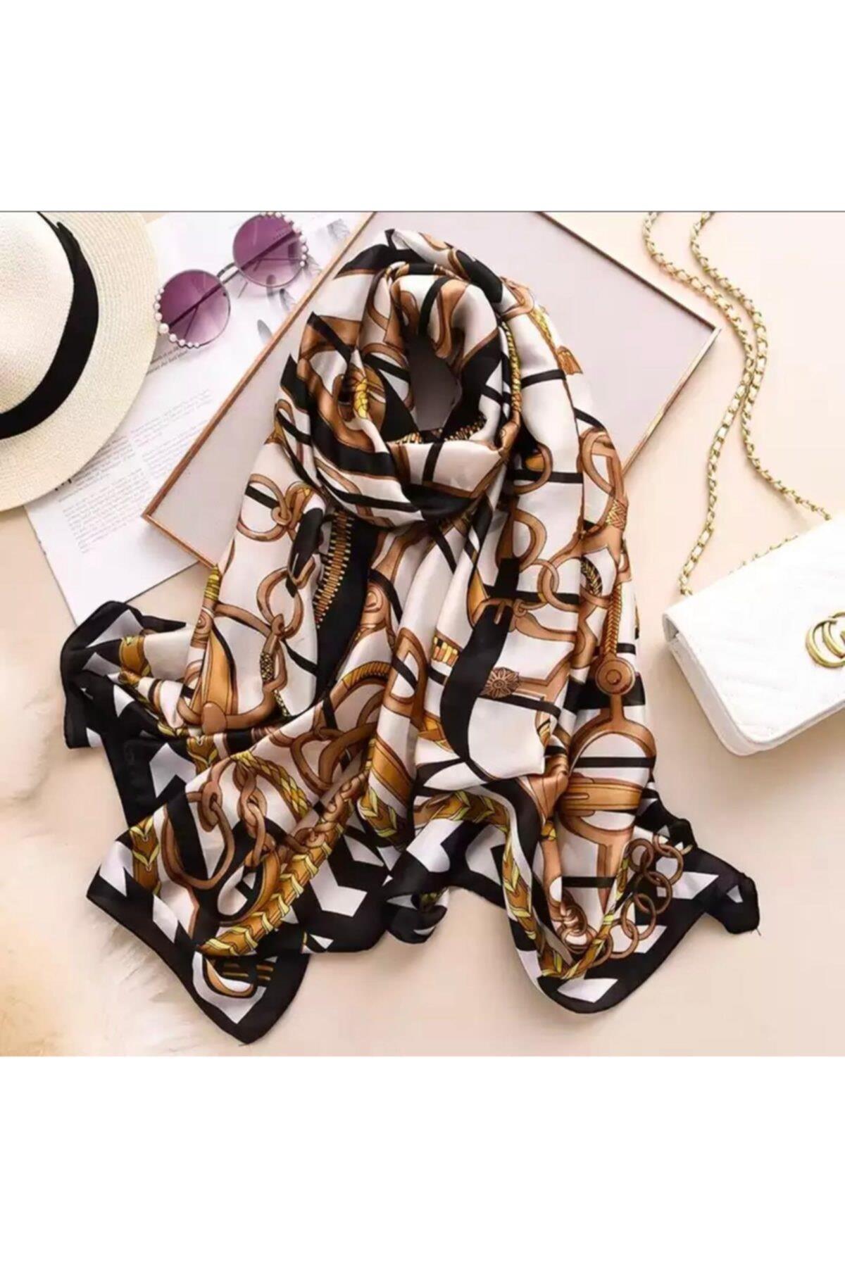 Lüks Trend Moda Siyah Kahverengi Zincir Desenli Ipek Eşarp Şal Başörtü 90x180