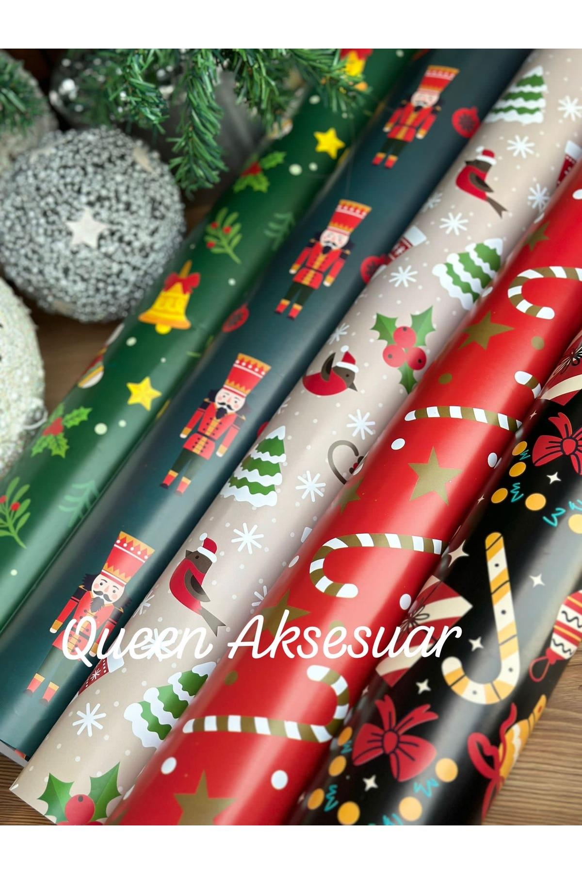 Lüks yılbaşı 5li rulo hediye paketi ambalaj set fındıkkıran kokina şeker karışık desenli 5x70-100