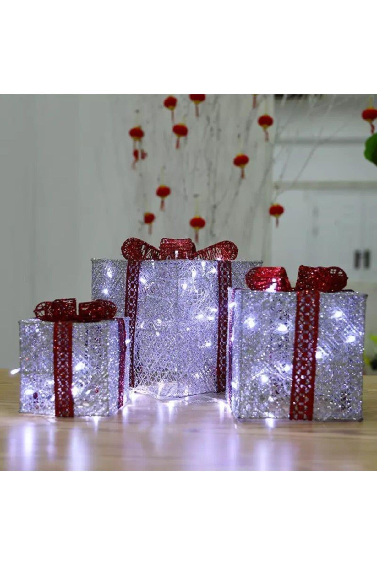 Lüks Yılbaşı Christmas 3lü Simli Gümüş Kırmızı Fiyonklu Metal Hediye Paketi Seti Çam Ağacı Dekor Süs