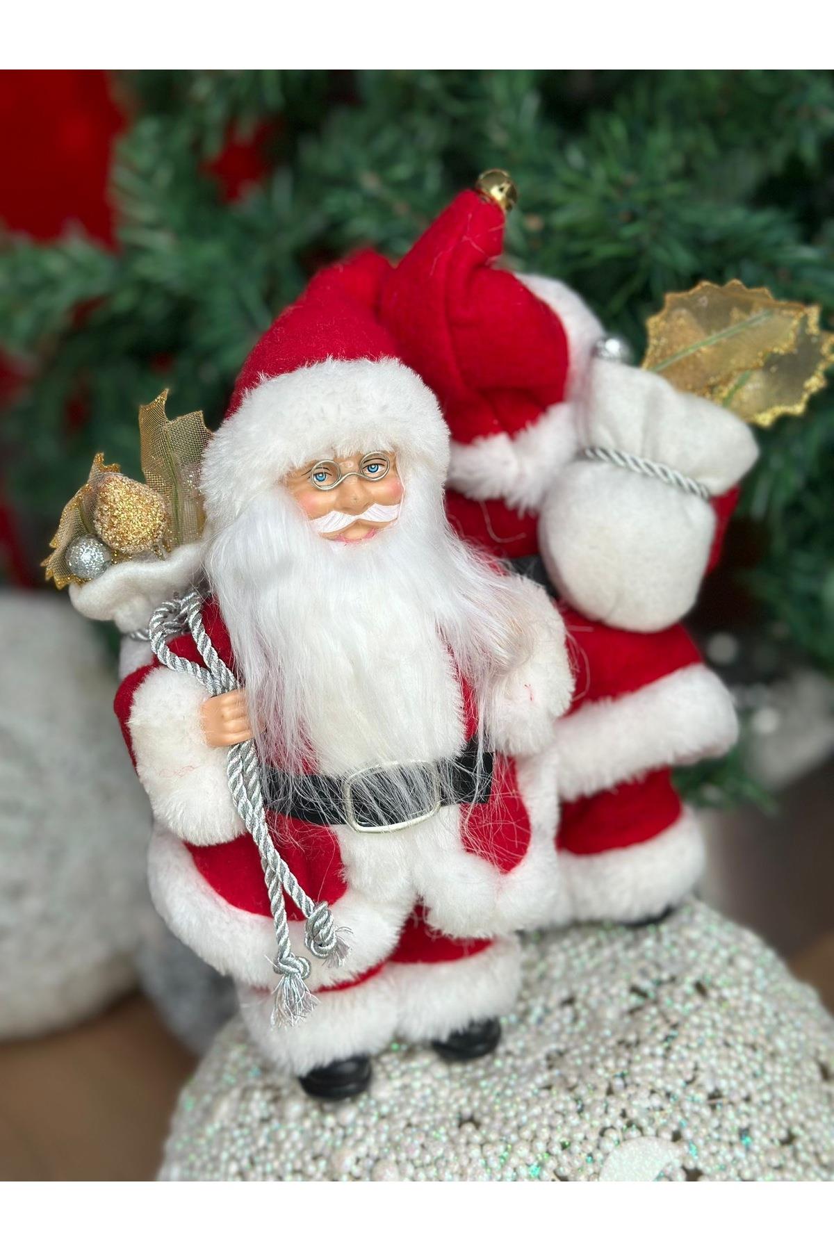 lüks yılbaşı çuval taşıyan dekor Noel baba biblo süs kürklü kostümlü 26 cm