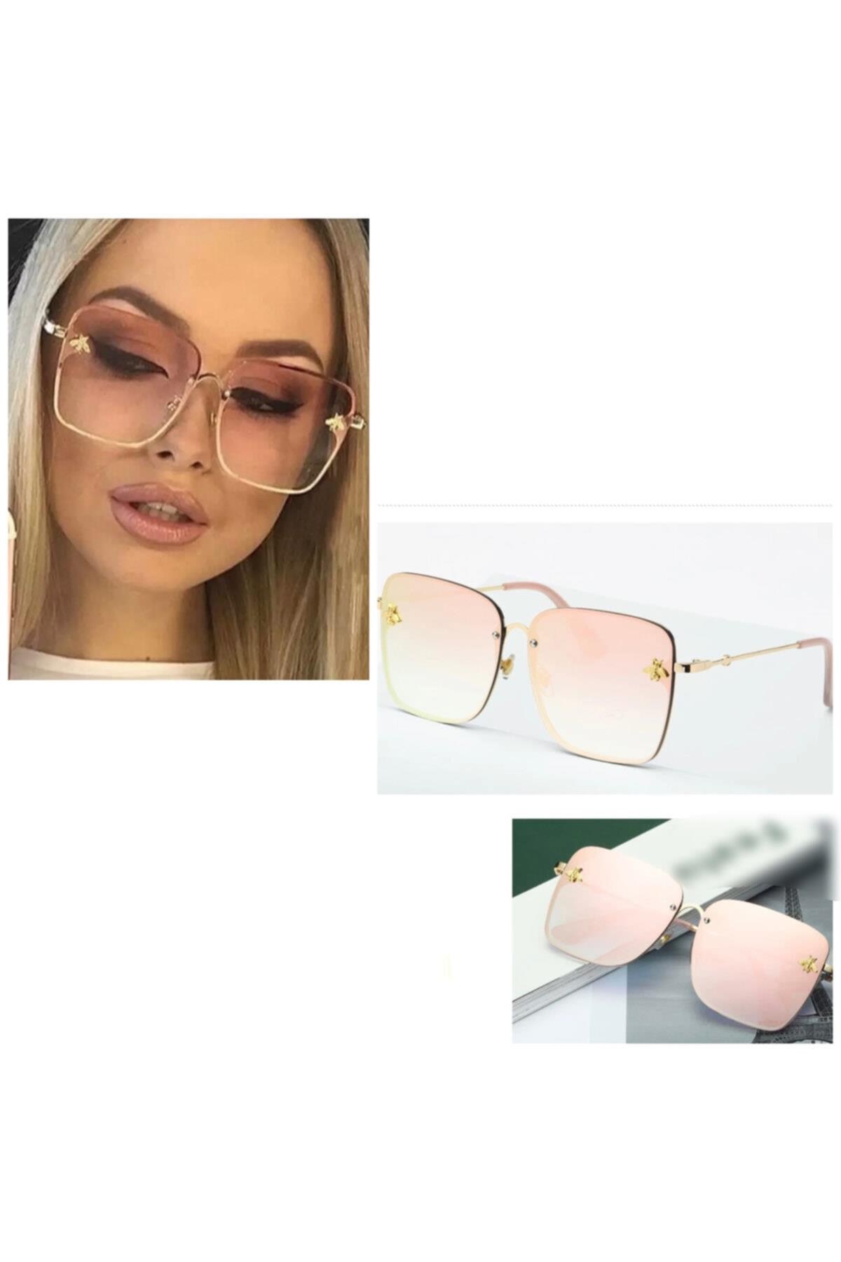 Marka Moda Arılı Ayna Cam Gold Pembe Metal Bayan Güneş Gözlüğü