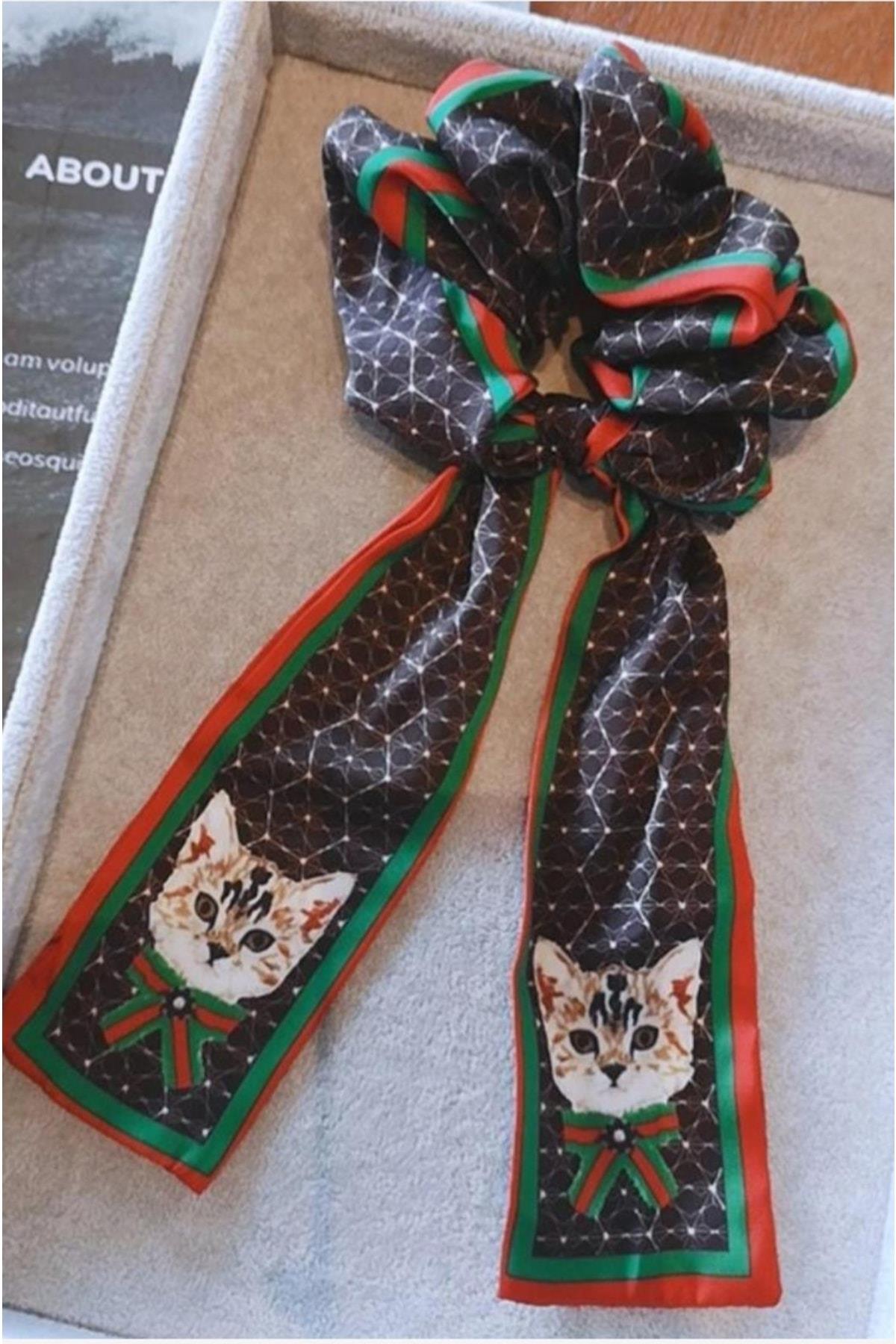 Marka Moda Trend Saten Bağlı Sarkıt Fular Kedili Lastik Toka Kadın Tokası Beyaz