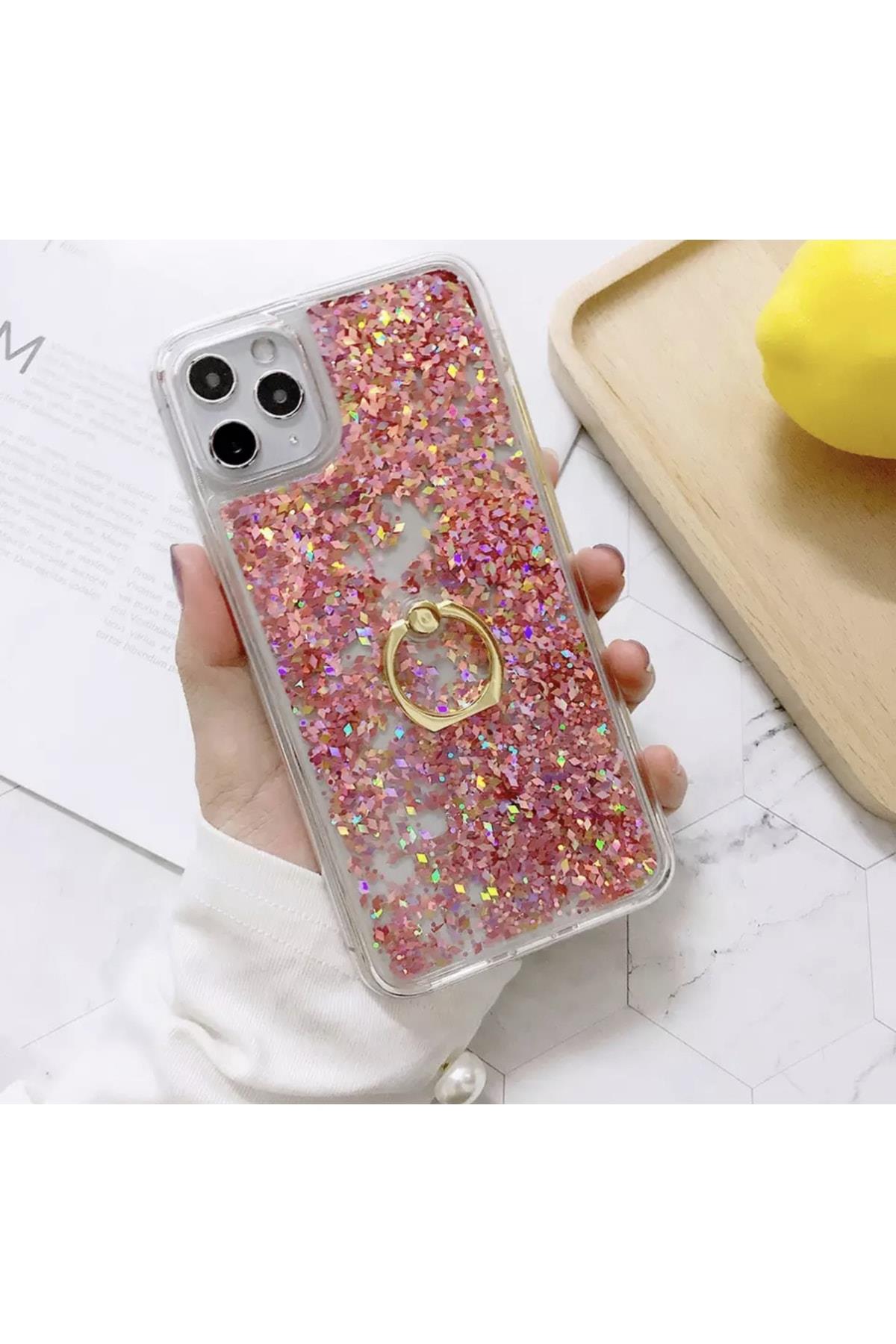 Moda Lüks Metal Gold Yüzüklü Standlı Hareketli 3d Sulu Sıvı Telefon Kılıfı Kapağı Pembe Iphone 13