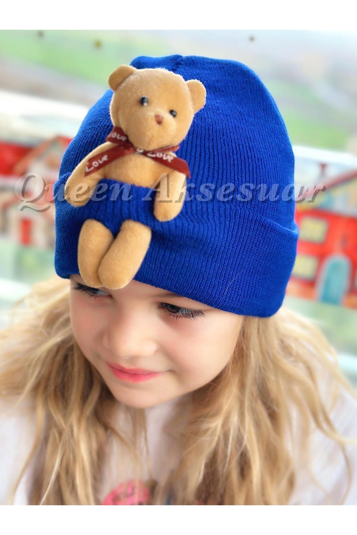 Moda Özel Tasarım Sevimli Peluş Ayıcıklı Yetişkin Erkek Kız Unisex Çocuk Şapkası Saks Mavi