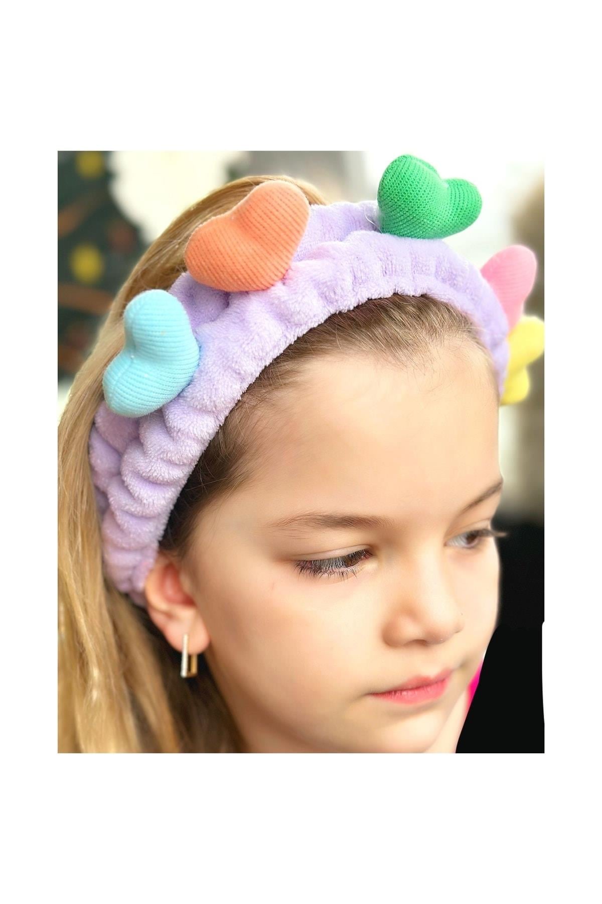 Moda Peluş Oyuncak 3d Kalpli Bebek Çocuk Kadın Makyaj Bandana Saç Bantı Lastikli Lila Mor