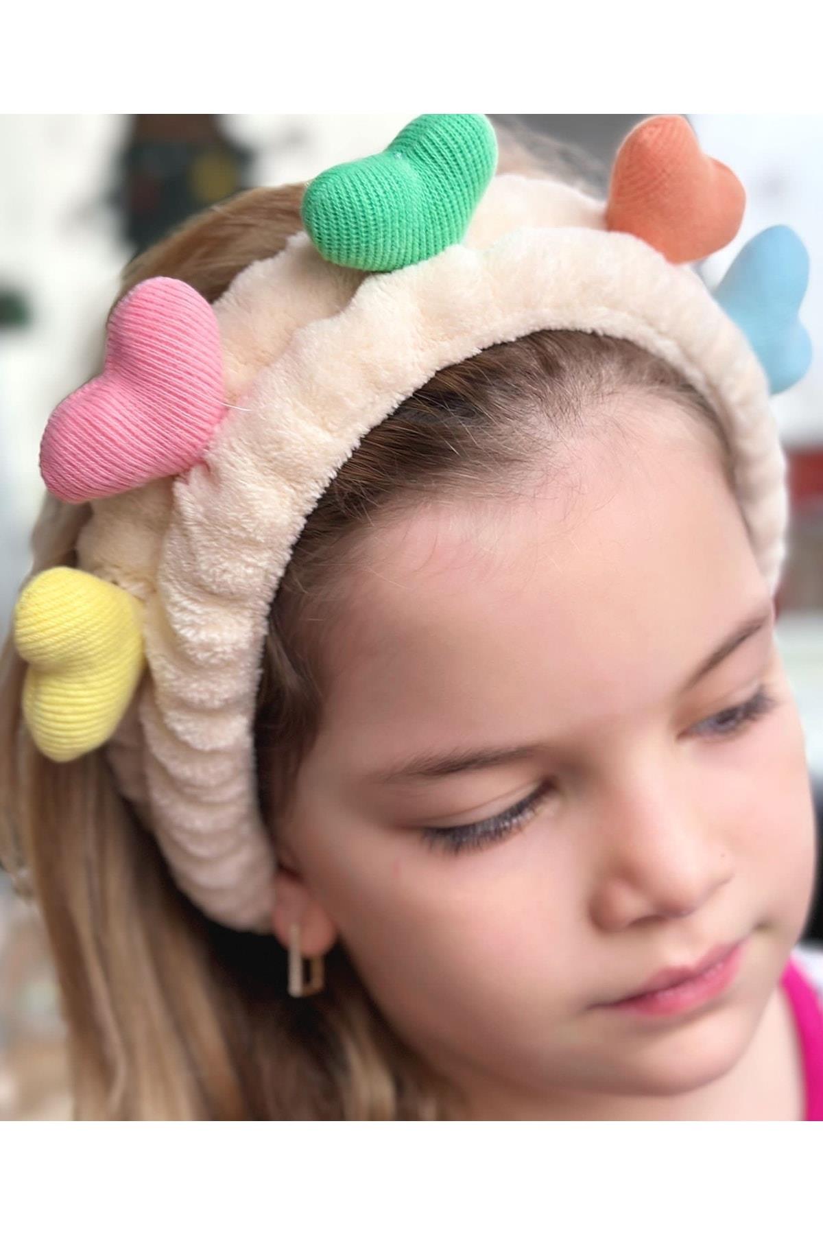Moda Peluş Oyuncak 3d Kalpli Bebek Çocuk Kadın Makyaj Bandana Saç Bantı Lastikli Krem