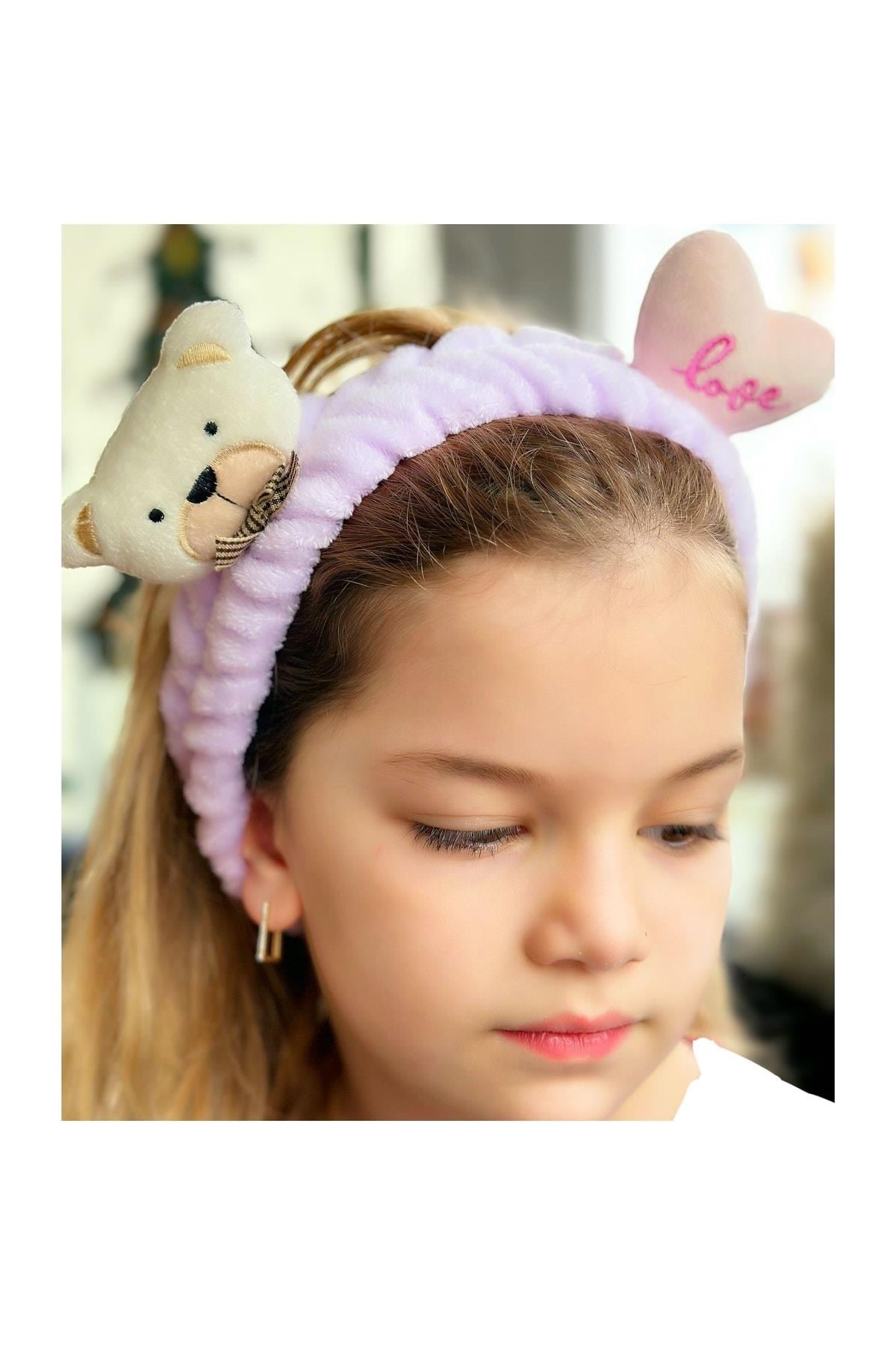 Moda Peluş Oyuncak Ayı Kalp 3d Oyuncaklı Bebek Çocuk Kadın Makyaj Bandana Saç Bantı Lastikli Lila