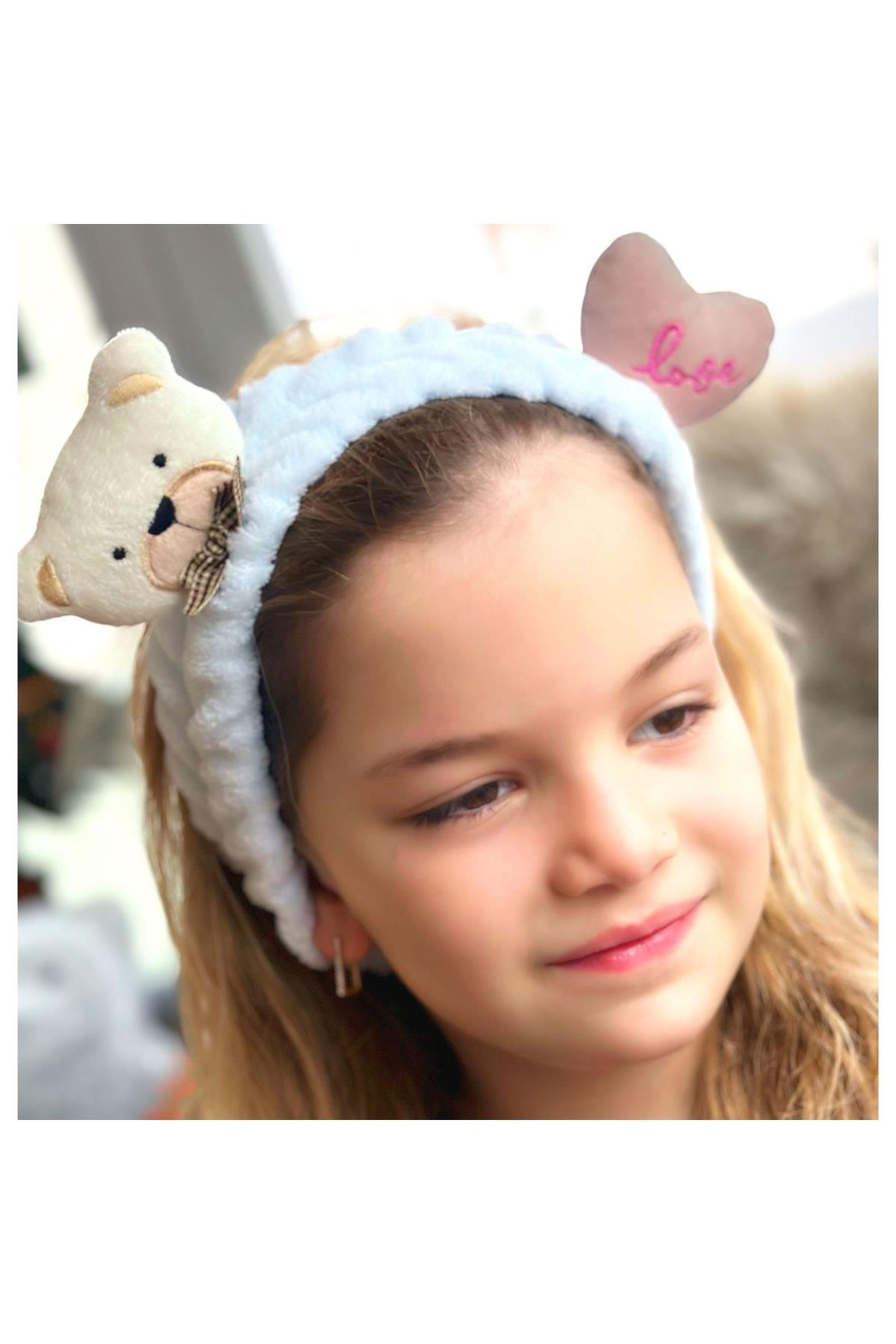 Moda Peluş Oyuncak Ayı Kalp 3d Oyuncaklı Bebek Çocuk Kadın Makyaj Bandana Saç Bantı Lastikli Mavi