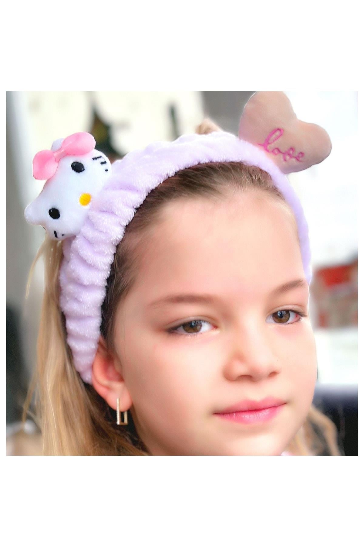 Moda Peluş Oyuncak Hello Kitty Kedi 3d Bebek Çocuk Kadın Bandana Saç Bantı Lastikli Lila Mor