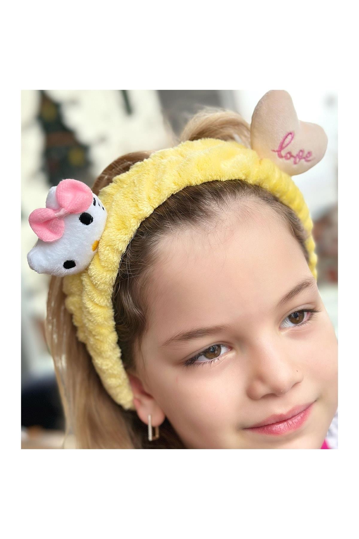 Moda Peluş Oyuncak Hello Kitty Kedi 3d Bebek Çocuk Kadın Bandana Saç Bantı Lastikli Sarı