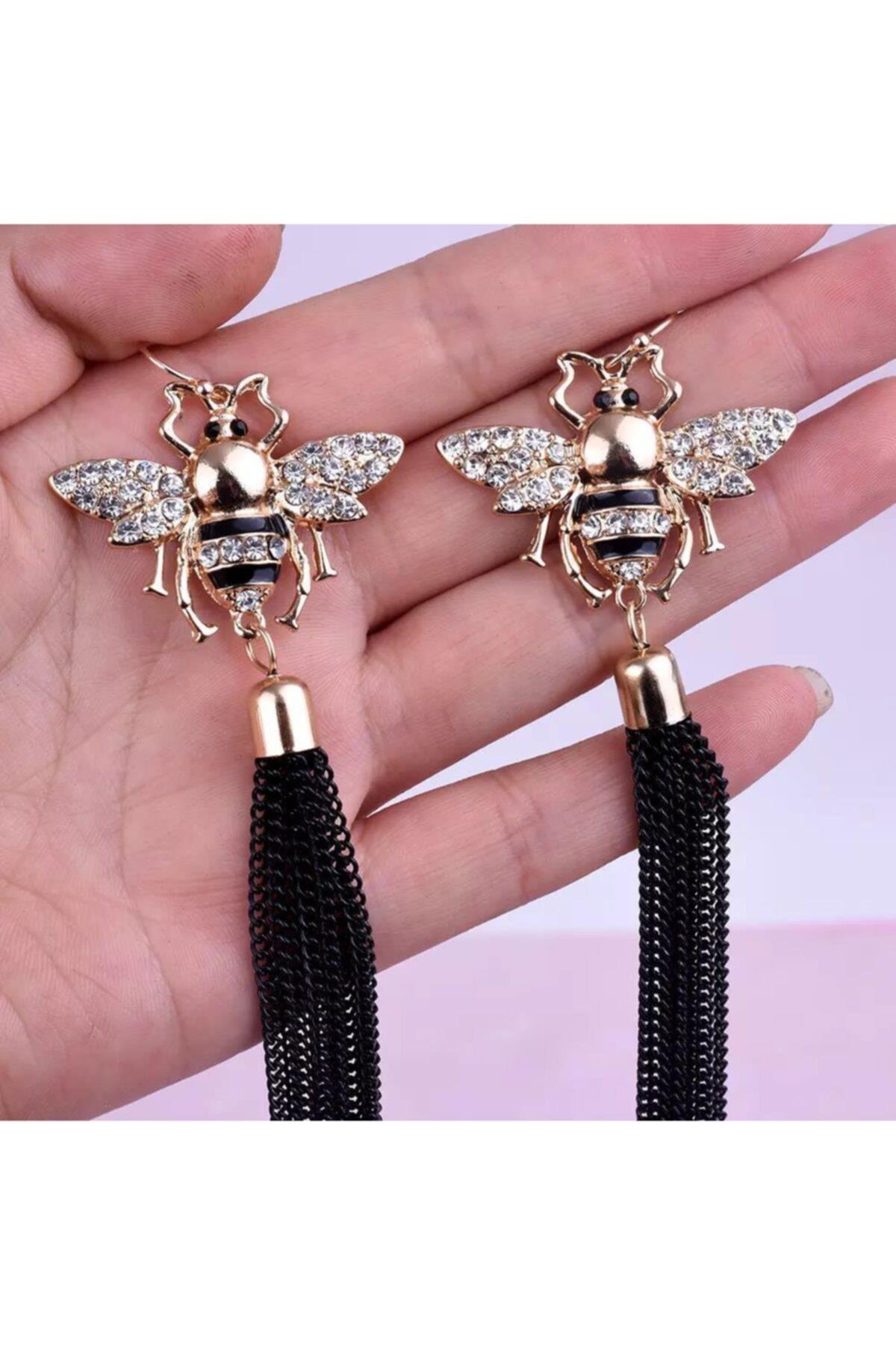 Moda Trend Arı Sinek Kristal Zikron Taşlı Uzun Zincir Sarkıt Lüks Çelik Küpe