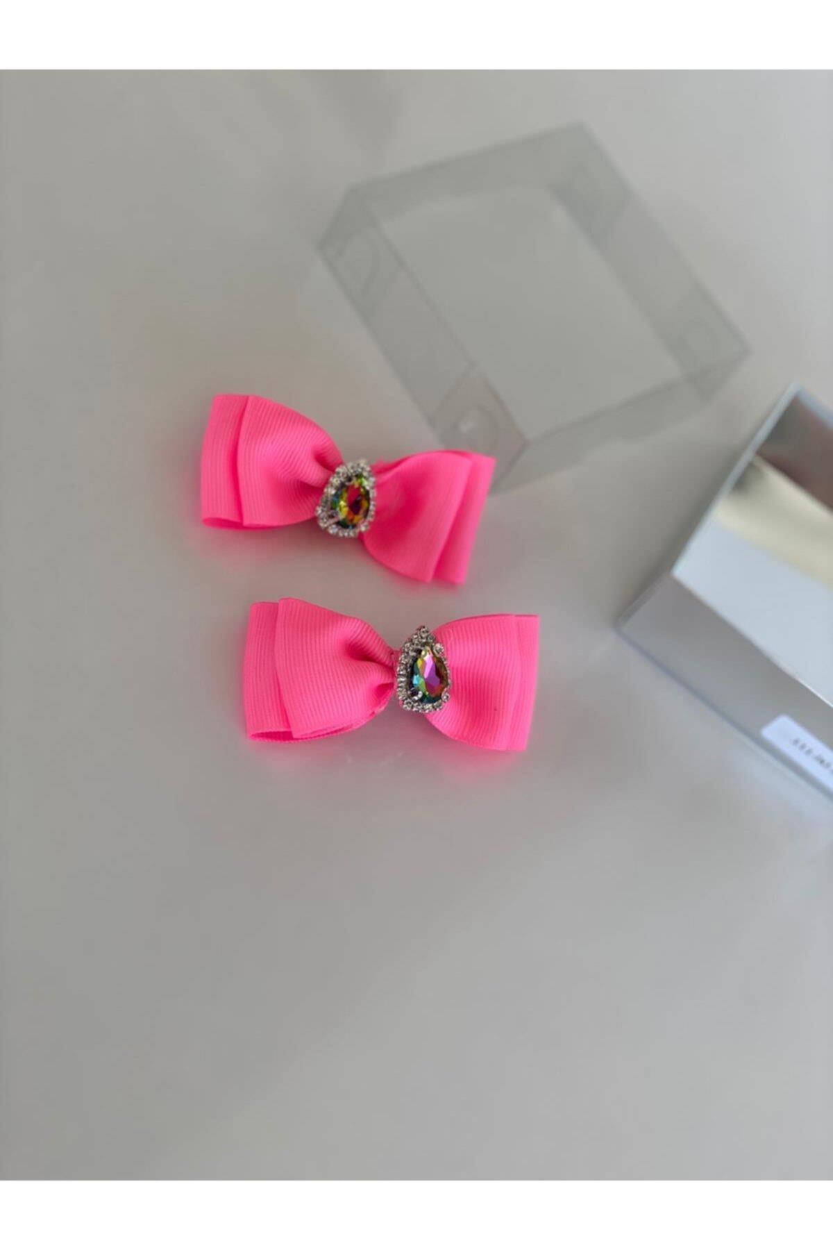 Neon Pembe 2' Li Kristal Taşlı Pensli Toka