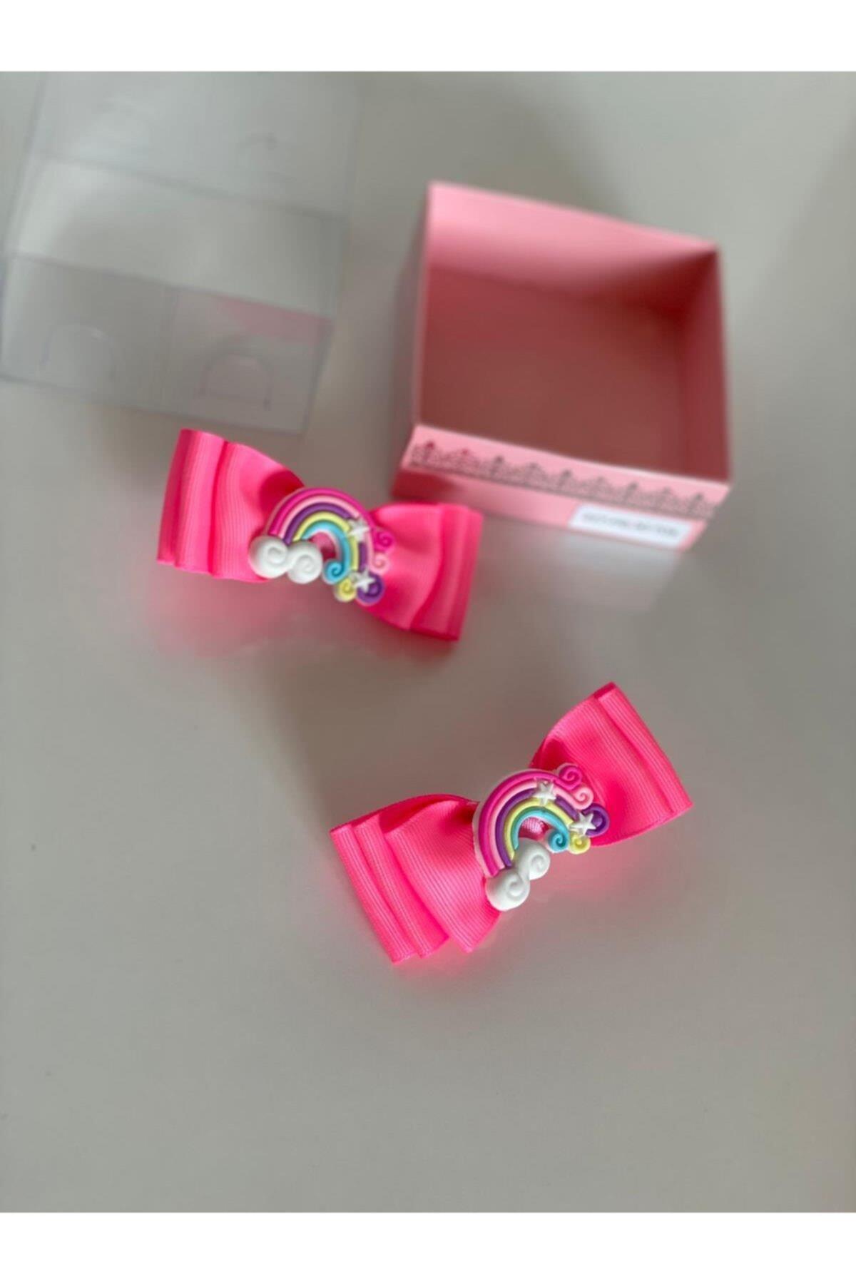 Neon Pembe 2' Li Mini Gökkuşağı Süslü Kız Çocuk Bebek Doğum Günü Hediye Pensli Toka
