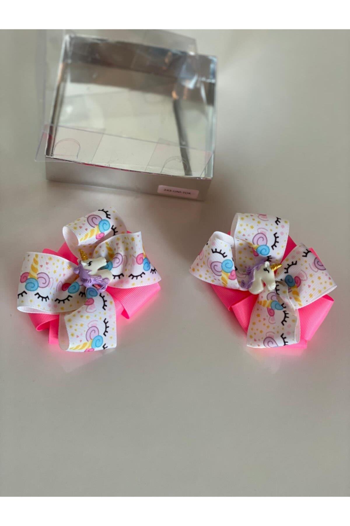 Neon Pembe 2' Li Unicornlu Kız Çocuk Bebek Doğum Günü Hediye Pensli Toka