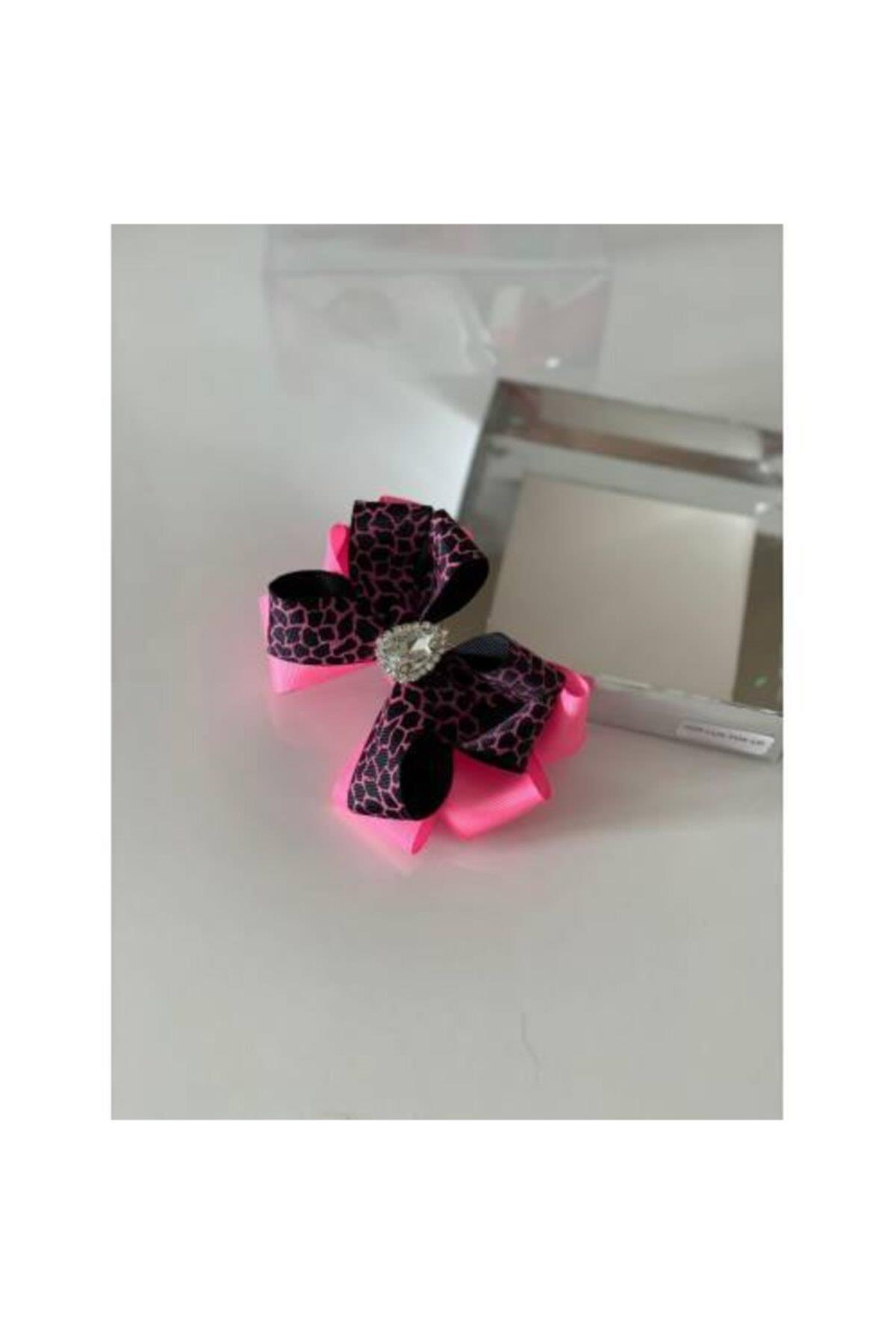 Neon Pembe Leoparlı Kristal Taşlı Anne Kız Çocuk Bebek Hediye Klipsli Toka