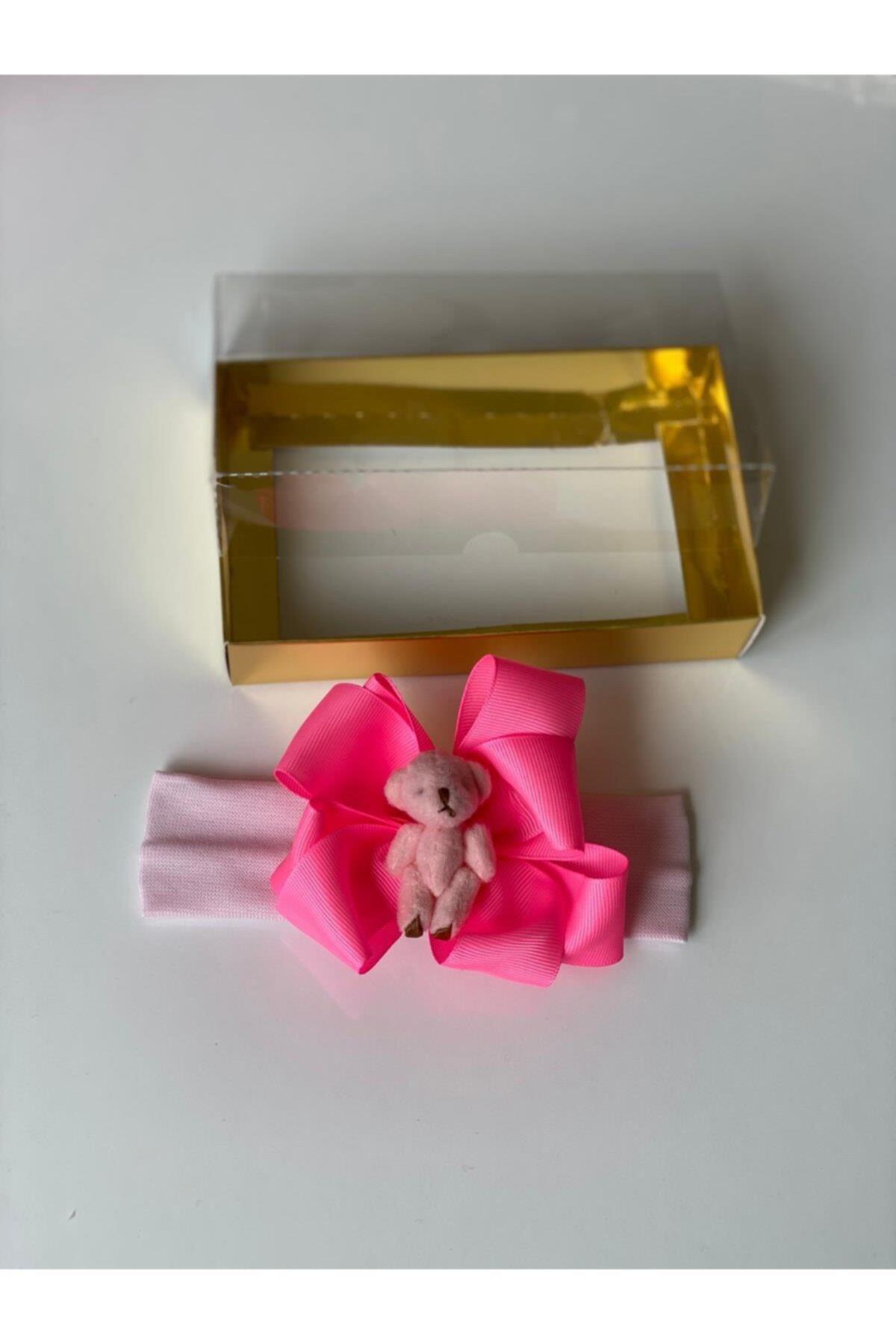 Neon Pembe Peluş Mini Ayıcıklı Fiyonk Kurdeleli Yumuşak Saç Bandı