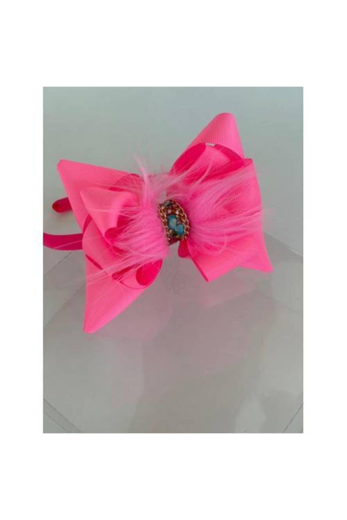 Neon Pembe Şerit Taşlı Tüylü Anne Kız Çocuk Bebek Hediye Taç