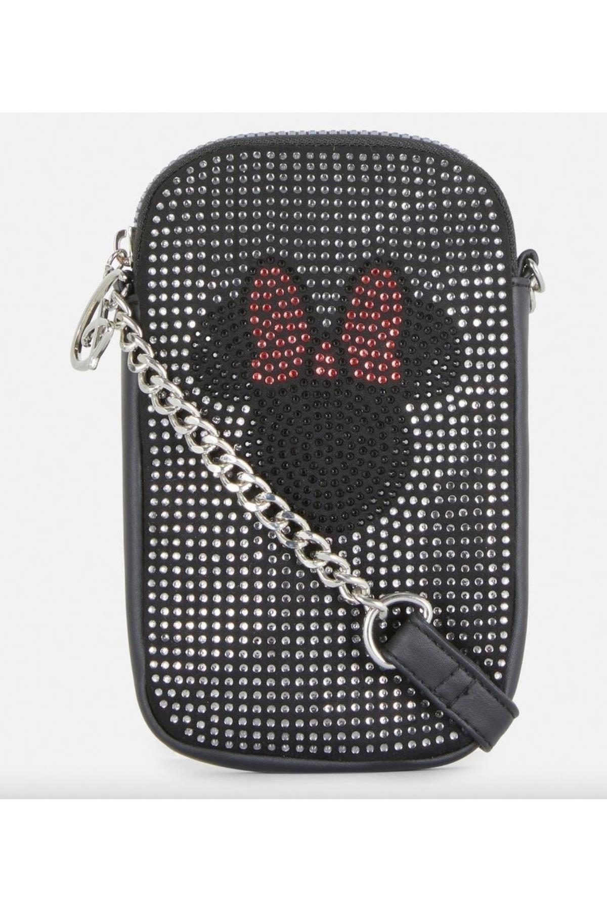 Orijinal Disney Minnie Mouse Taş Işlemeli Telefon Çantası Cüzdan Siyah Taşlı Çanta Zincir Askılı