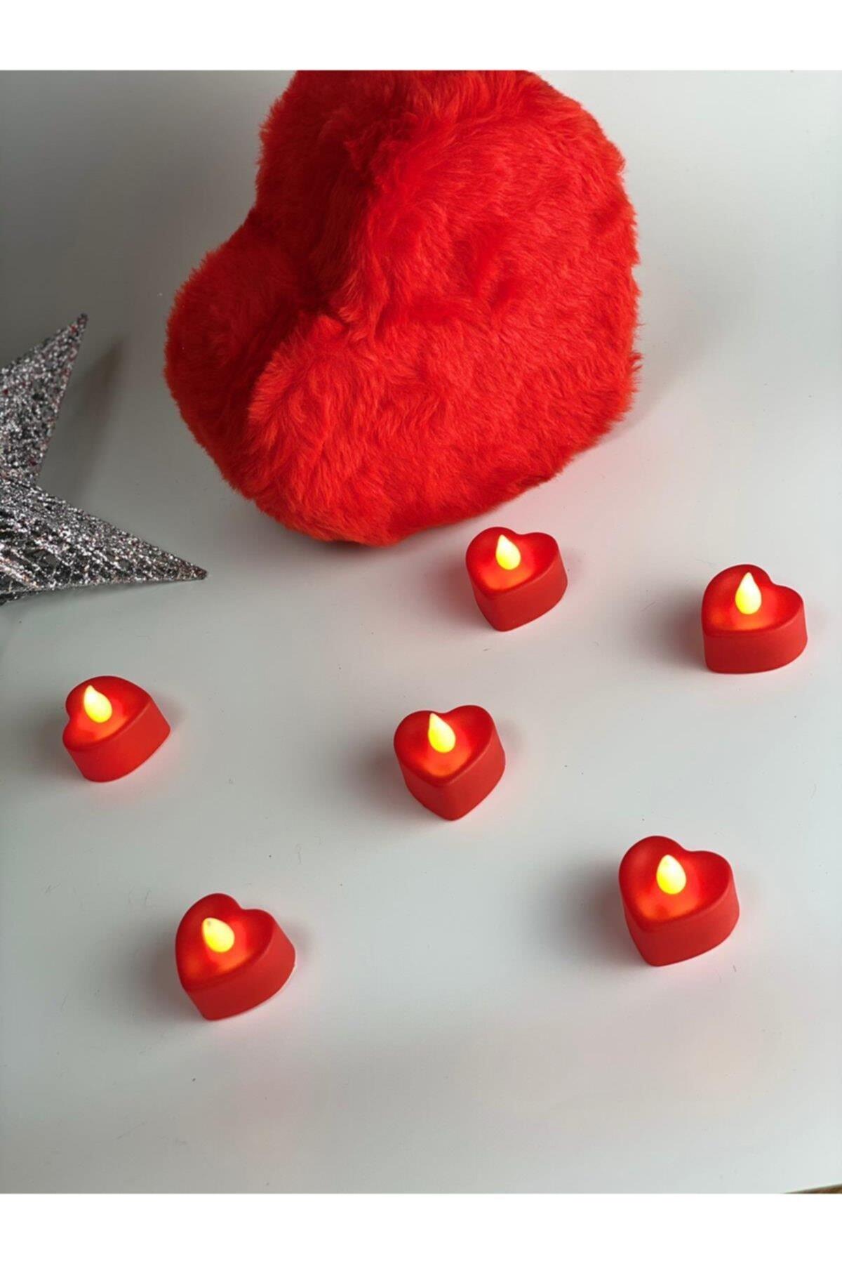 Özel 6 Lı Romantik Kırmızı Kalp Led Mum Işık Seti Pilli