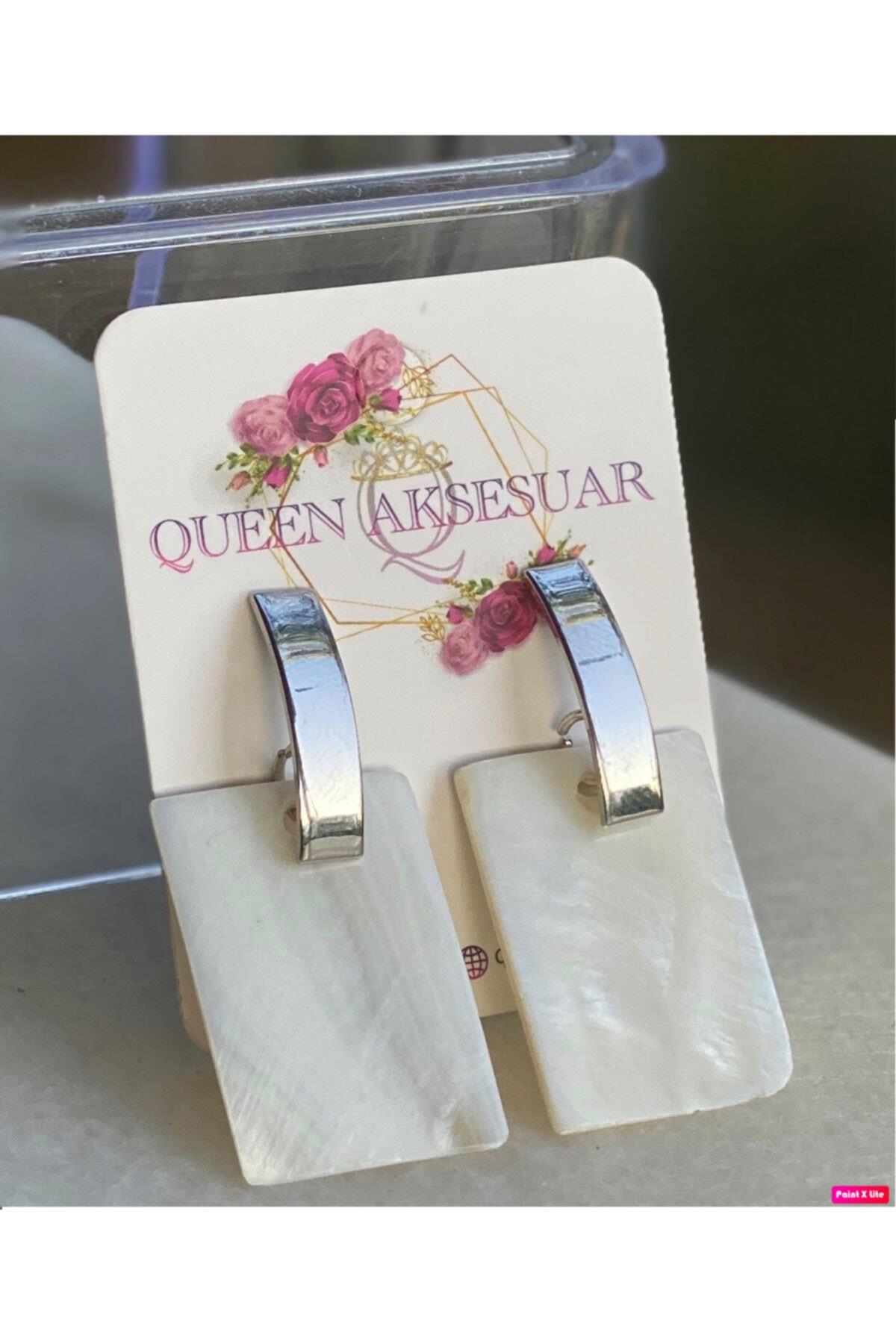Özel Dikdörtgen Parlak Sedef Taşlı Küpe Metal