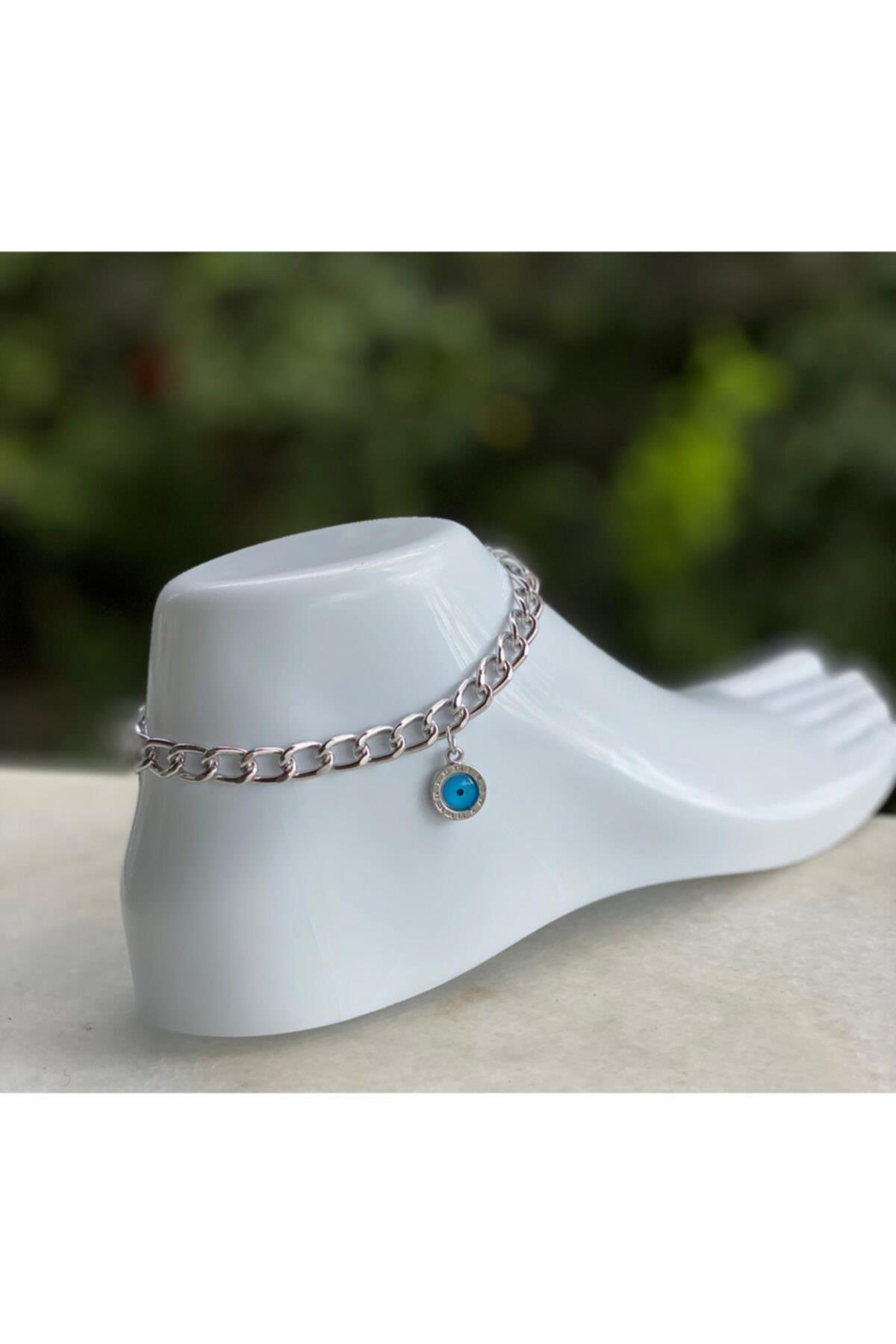 Özel Moda Trend Nazar Boncuğu Gümüş Renk Kalın Zincir Halhal