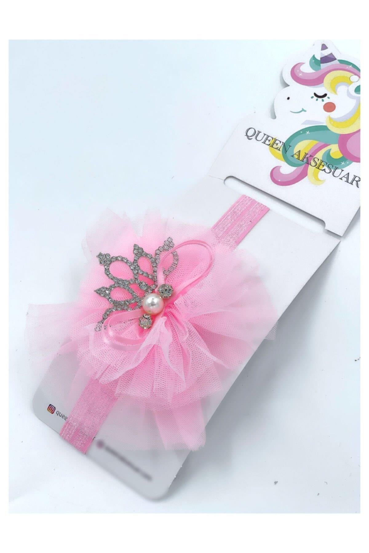 Özel Tasarım Lüks Kristal Metal Kristal Broşlu Kız Bebek Çocuk Saç Bantı Lastik Bandana Pembe