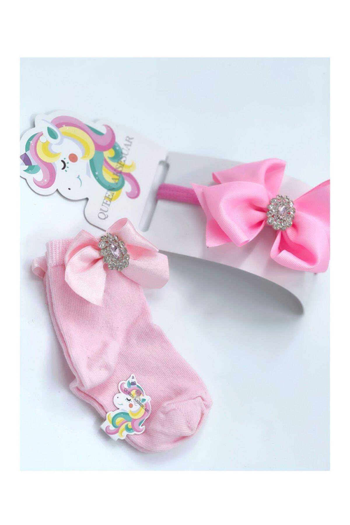 Özel Tasarım Lüks Set Metal Kristal Taş Broşlu Kız Bebek Çorap Saç Bantı Lastik Bandana Pembe