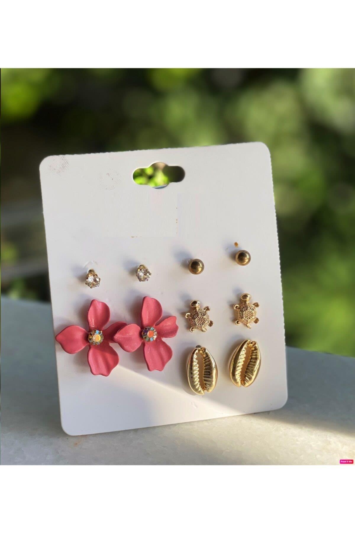 Özel Trend Moda Çiçekli Midye Kabuğu Istiridye Zikron Taş Küpe Seti Pembe