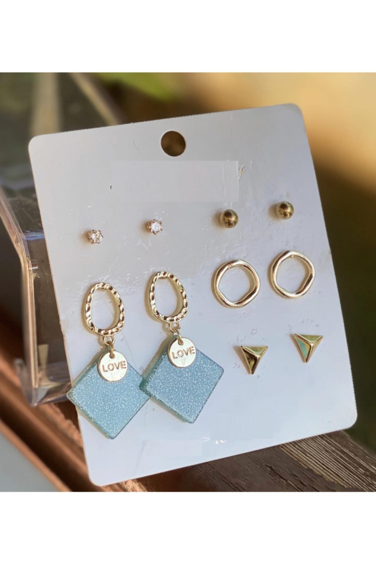 Özel Trend Moda Parıltı Parlak Üçgen Love Mavi Simli Küpe Seti