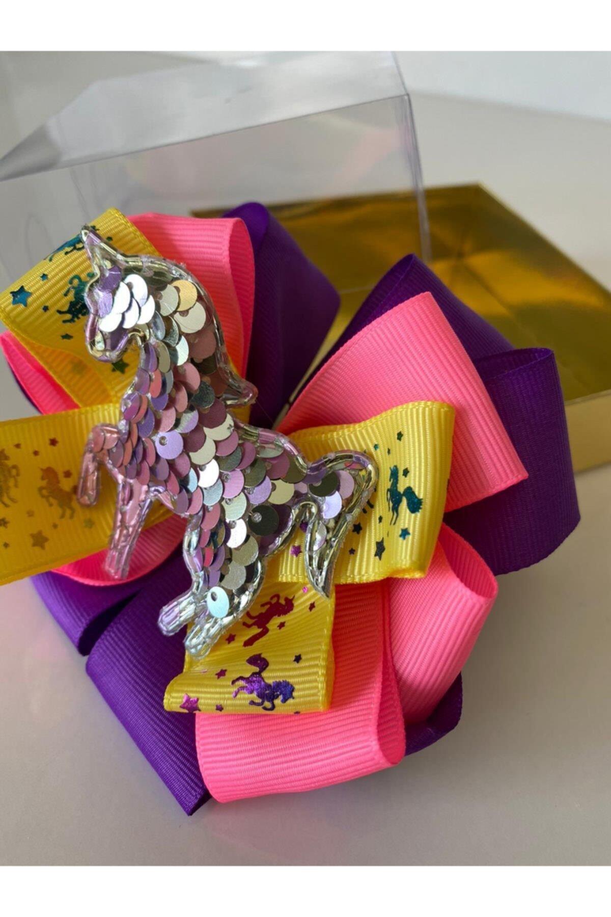 Parlak Pullu Unicorn Pembe Mor Sarı Fiyonk Toka
