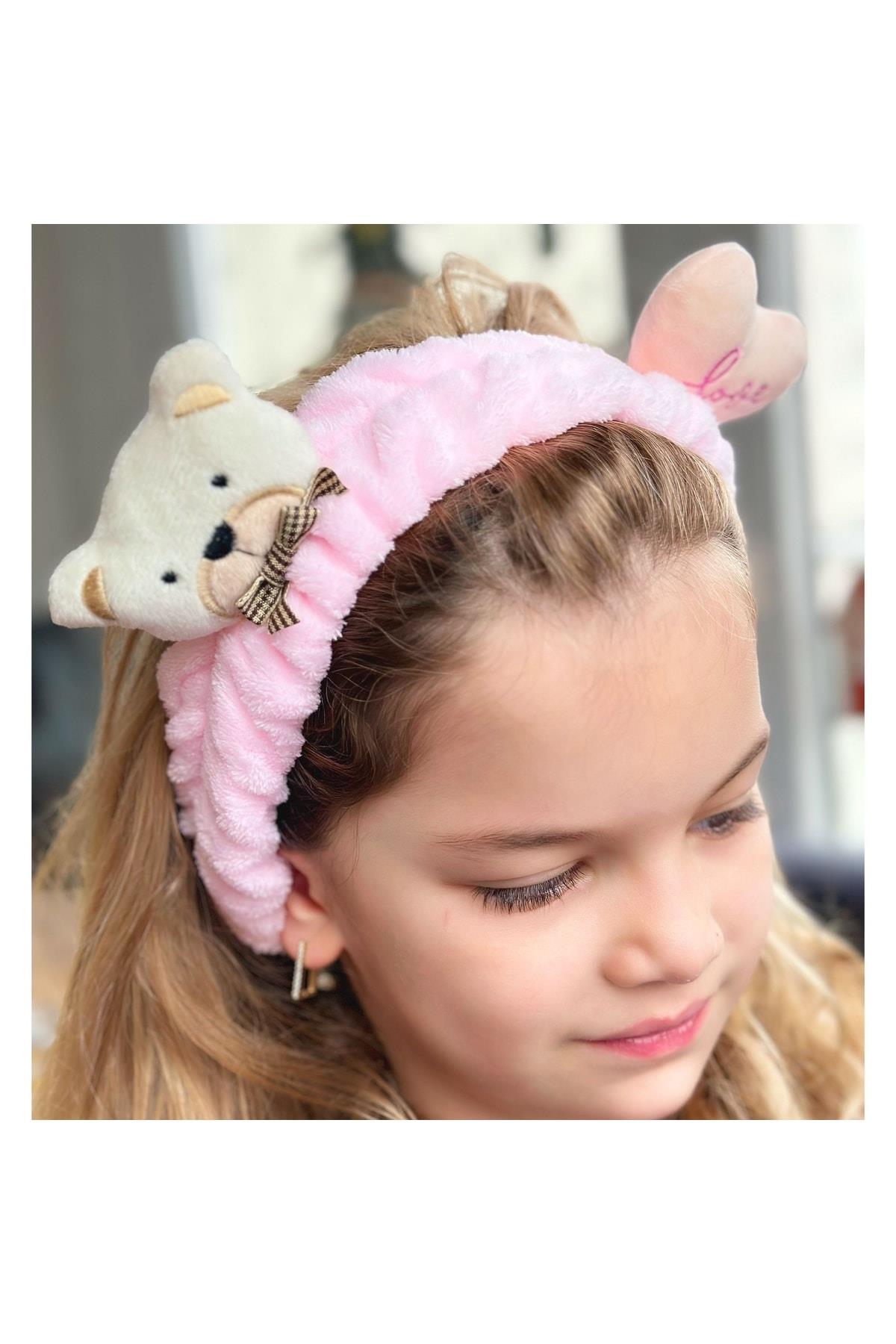 Peluş Oyuncak Ayı Kalp 3d Bebek Çocuk Kadın Makyaj Bandana Saç Bantı Lastikli Lila Pembe