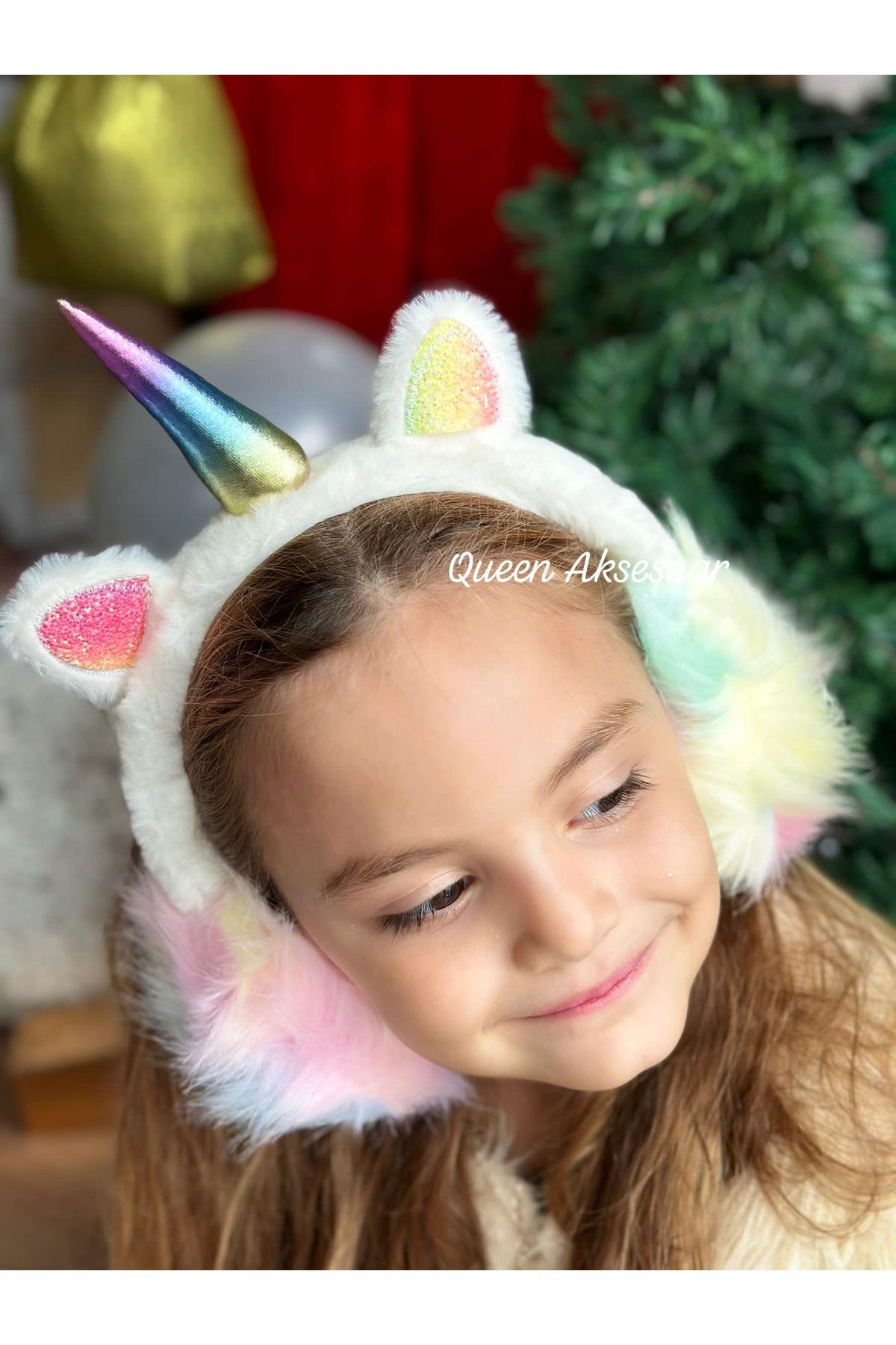 peluş tüylü pastel gökkuşağı simli unicorn boynuzlu kulaklık tacı çocuk kulaklığı beyaz
