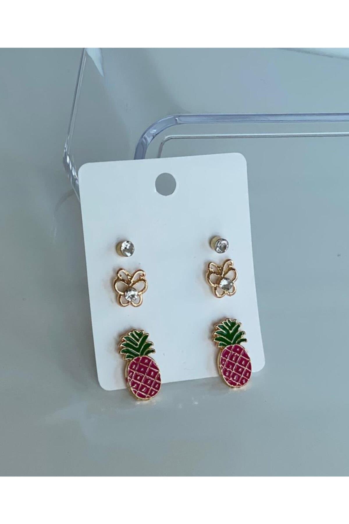 Pembe Ananas Zikron Taş Çiçek Gold Altın Kaplama Üçlü Küpe Seti
