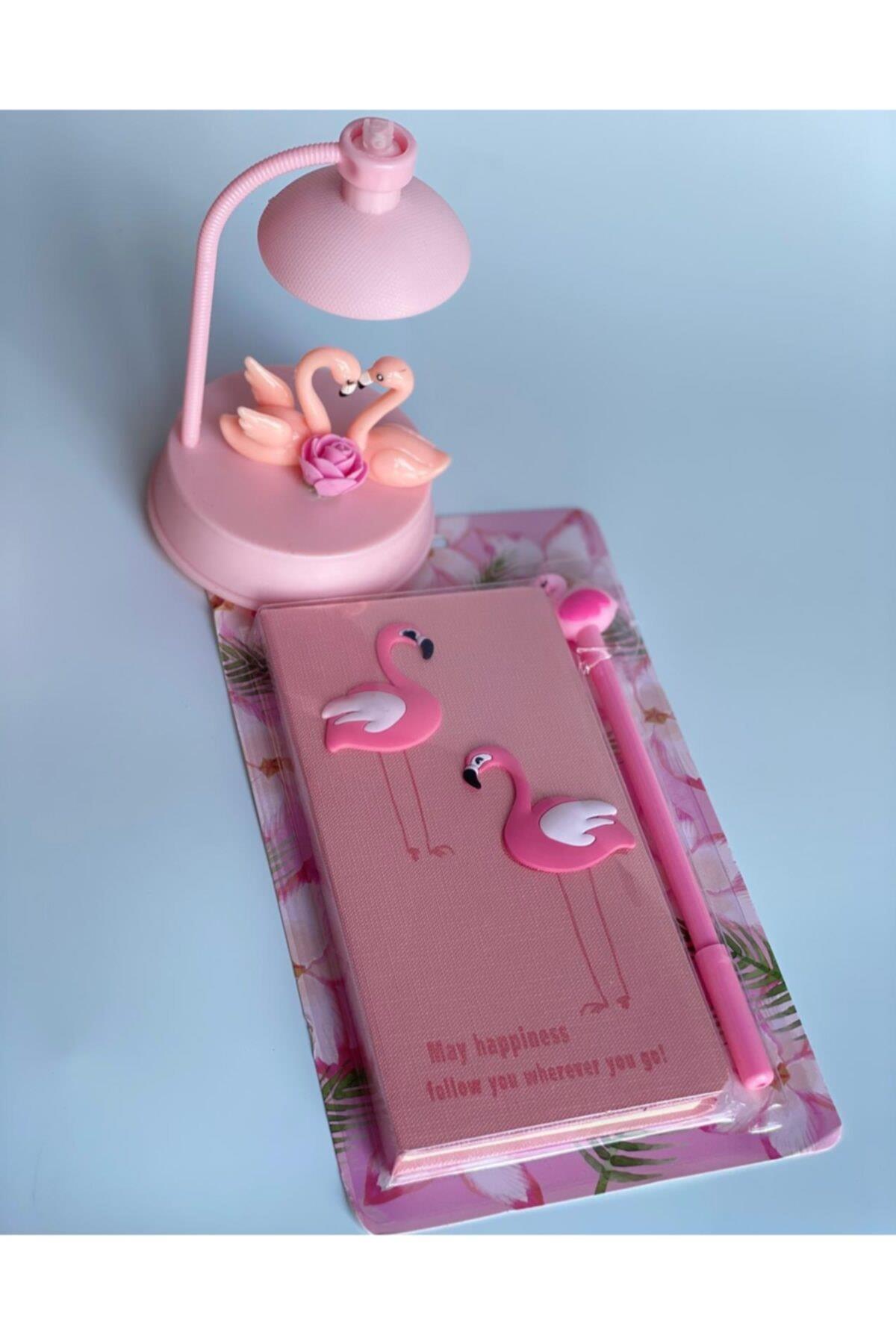 Pembe Flamingo Çift Renk Işıklı Gece Lambası Defter Kalem Dekor Set