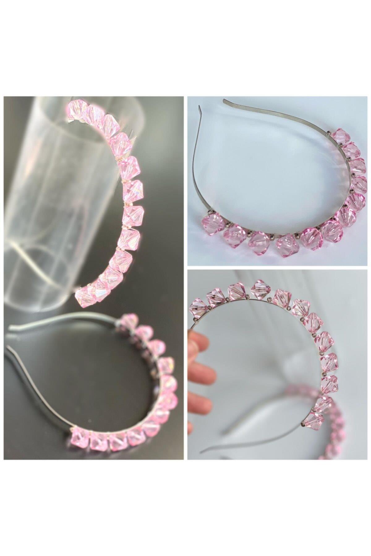 Pembe Şeker Kristal Kesme Sıra Taşlı Metal Taç