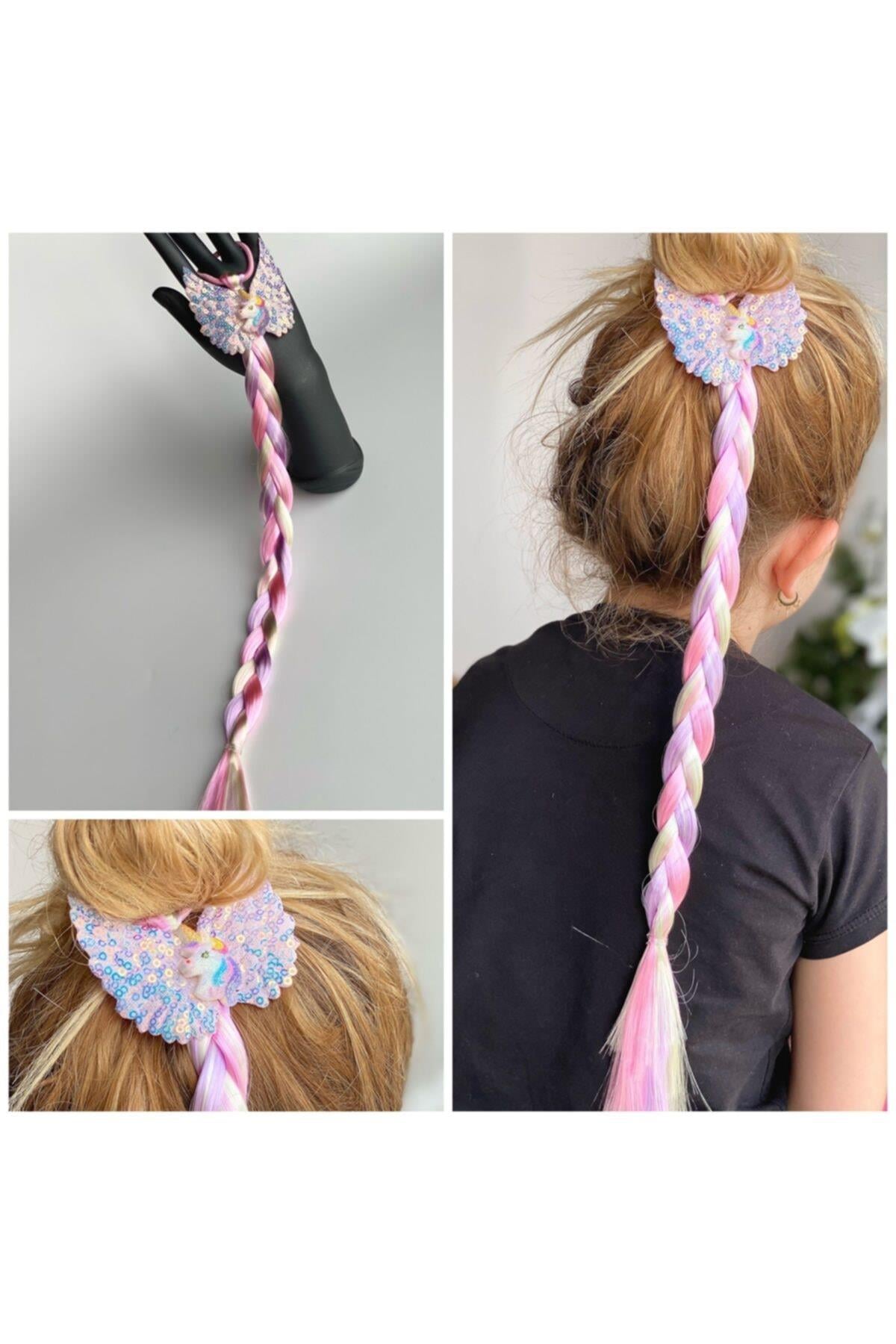 Pullu Melek Kanatlı Unicorn Pastel Açık Pembe Lila Mor Rapunzel Örgü Saç Postiş Toka