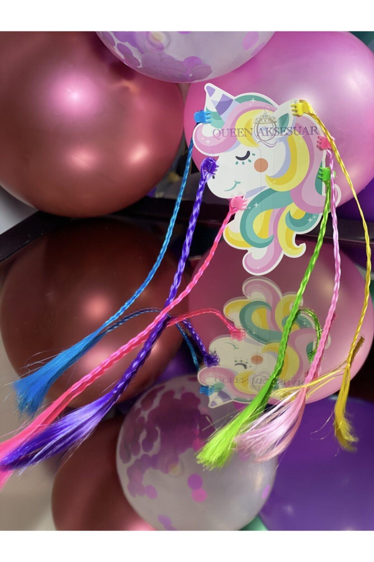 Rengarenk Unicorn 6lı Örgülü Takma Saç Toka Pembe Mavi Sarı Mor Yeşil Renkli