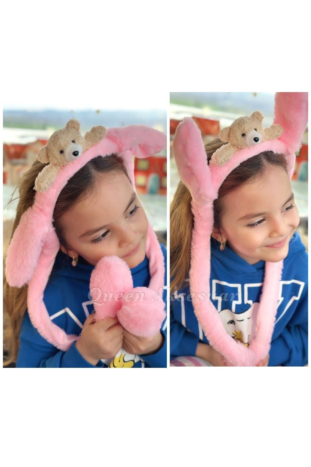 Renkli Hareketli Oynar Kulaklı Pompalı Ayılı Taç Sevimli Peluş Ayıcık Oyuncaklı Kız Çocuk Tacı Pembe