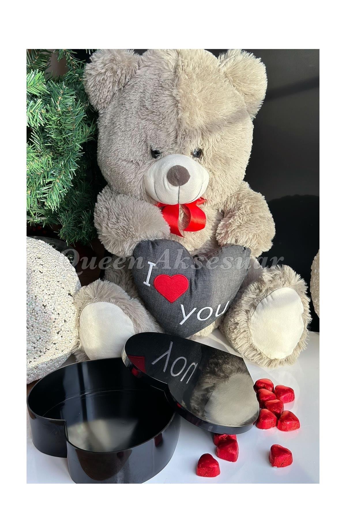 Sevgililer Günü Dev Lüks Peluş Oyuncak Ayıcık Love Parlak Siyah Kalp Kutu Çikolata Hediye Seti