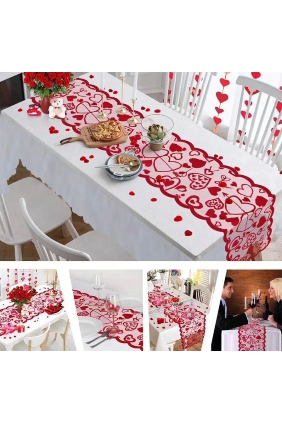 Sevgililer Günü Özel Aşk Kırmızı Sevgiliye Romantik Masa Sofra Sunum Dertsiz Kalp Runner Örtü