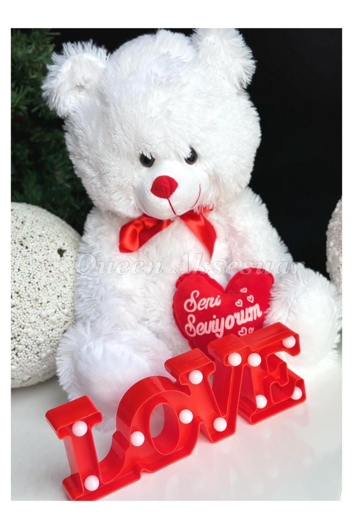 Sevgililer Günü Özel Dev Peluş Sevimli Kırmızı Kalpli Ayıcık Love Masa Gece Lambası Hediye Seti